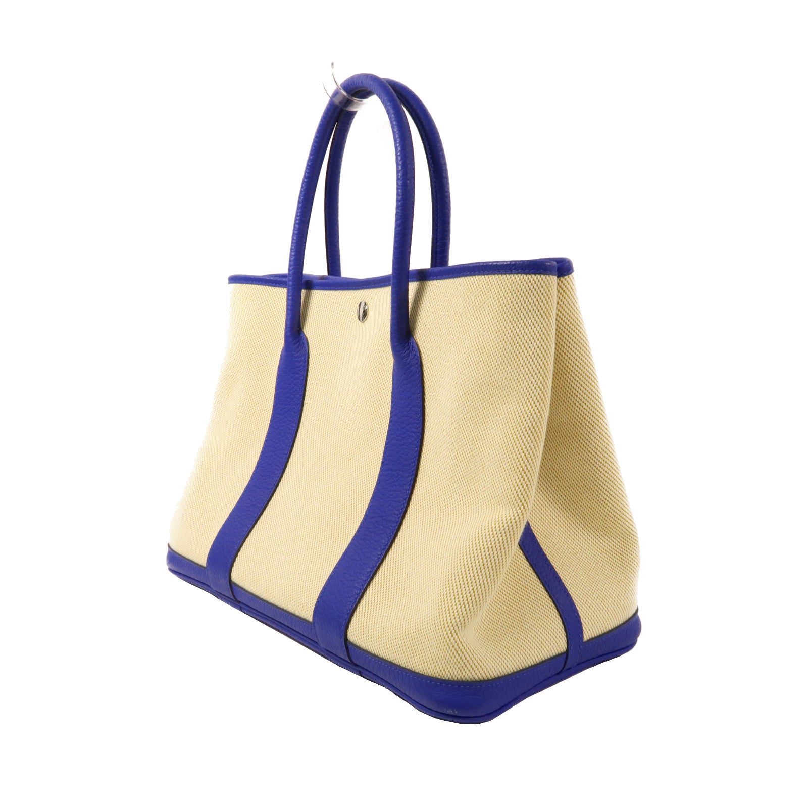 HERMES Toile H帆布Garden Party PM銀扣手挽袋Bleu Hydra/藍色/米色