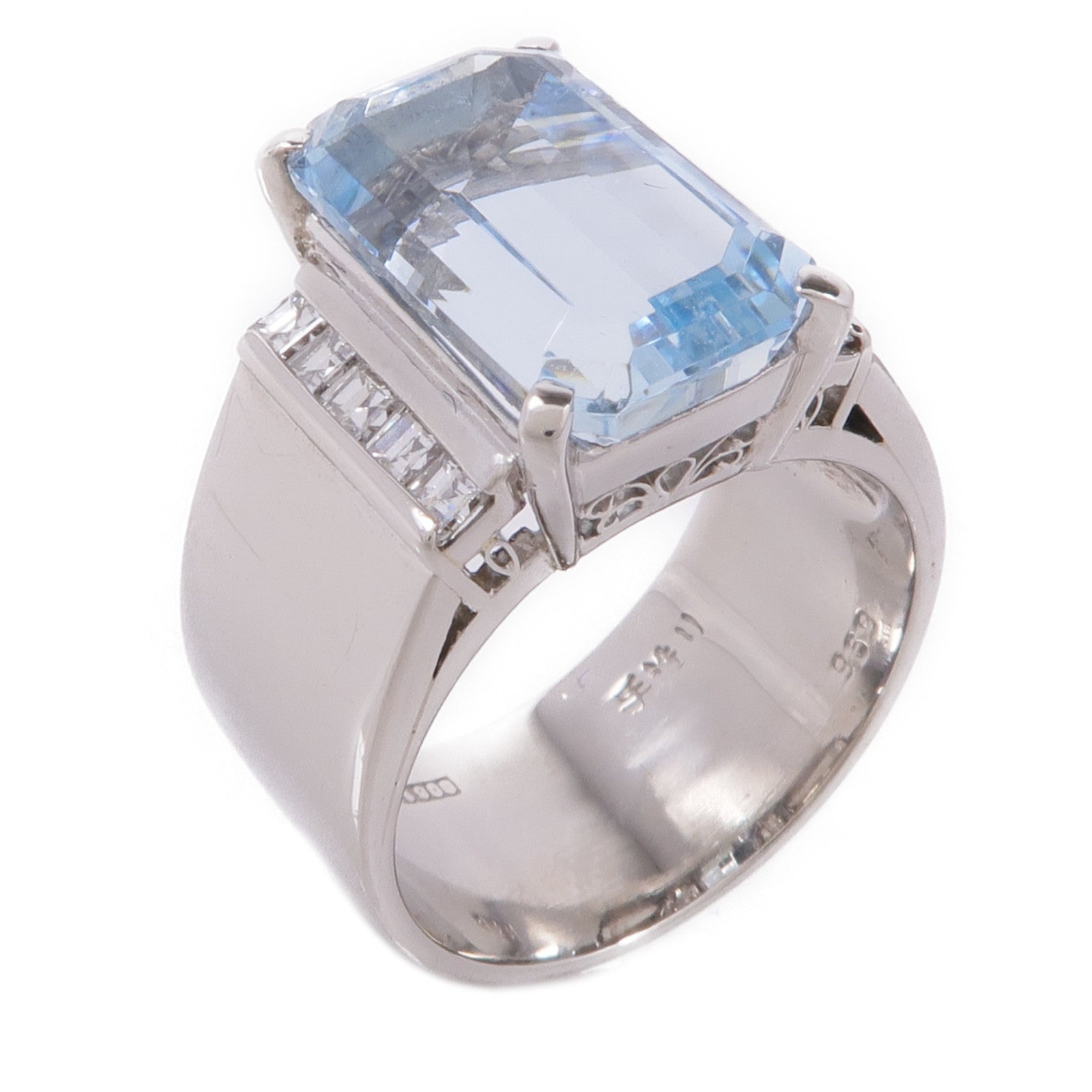 JEWELRY 【激減優惠】PT900鉑金Aquamarine/Diamond Ring藍晶/鑽石戒指US#8