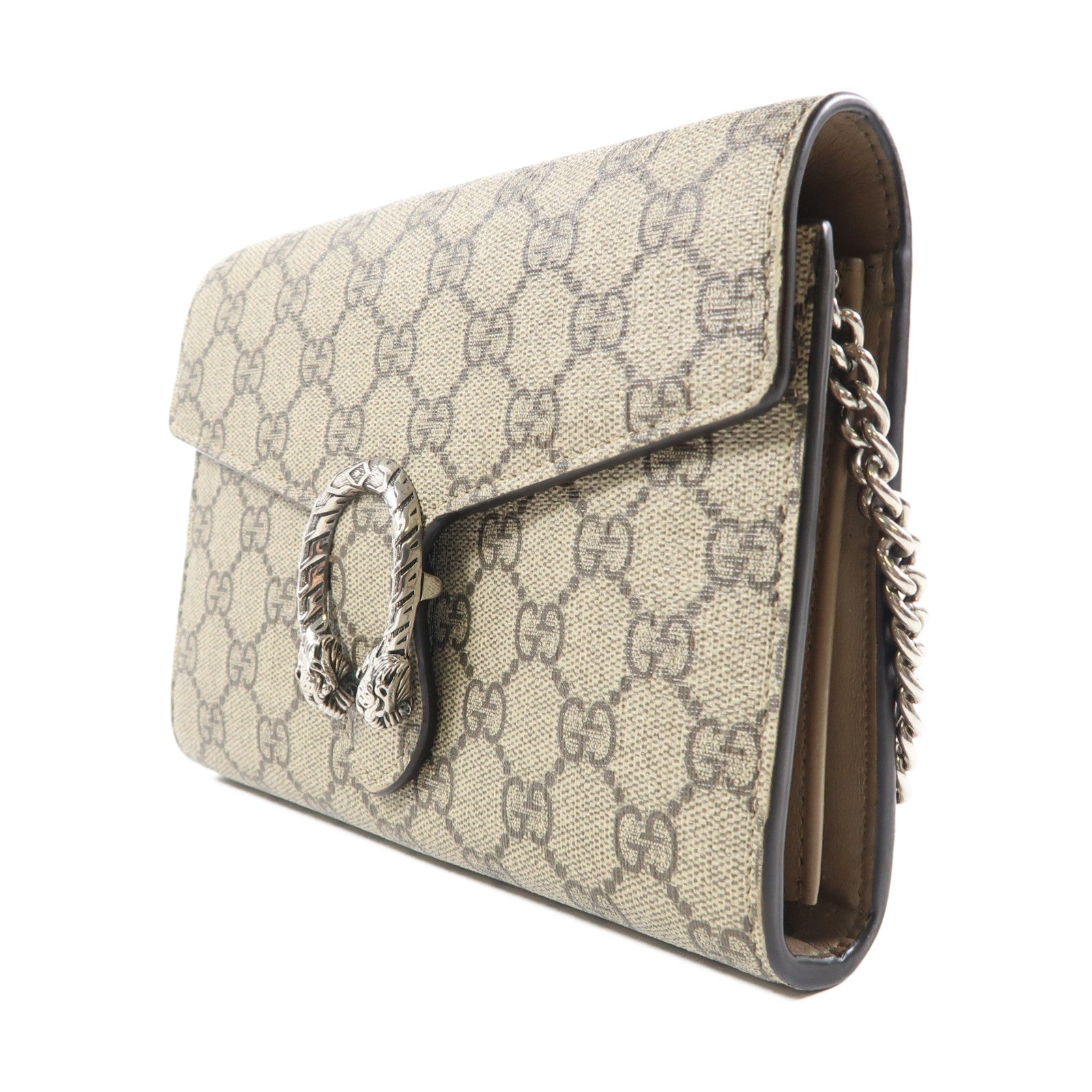 GUCCI 塗層帆布Dionysus Small銀扣鏈帶肩背袋棕色