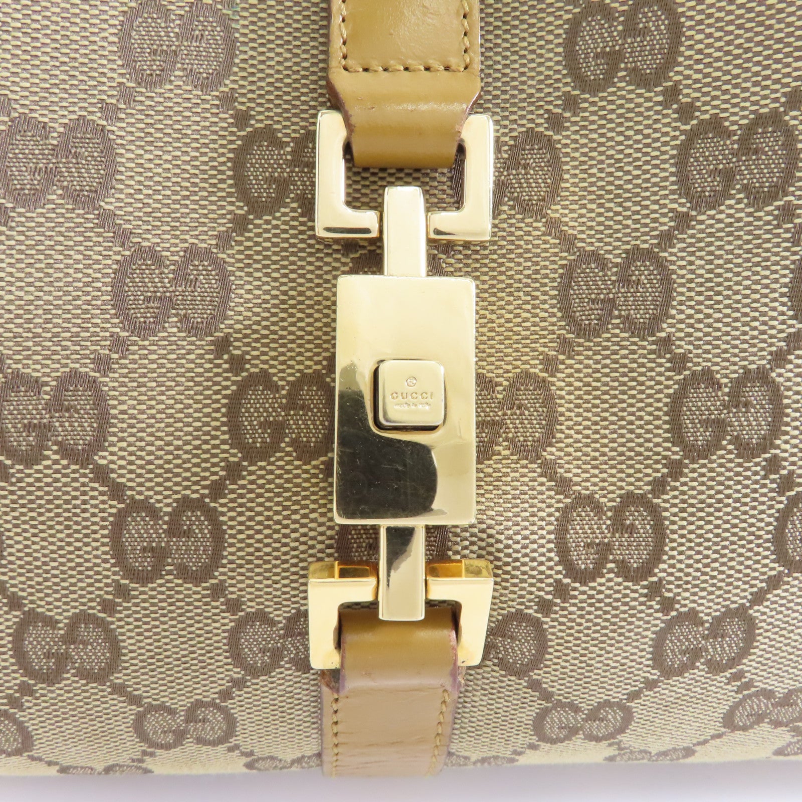 GUCCI 帆布/牛皮皮革Jackie金扣肩背袋啡色