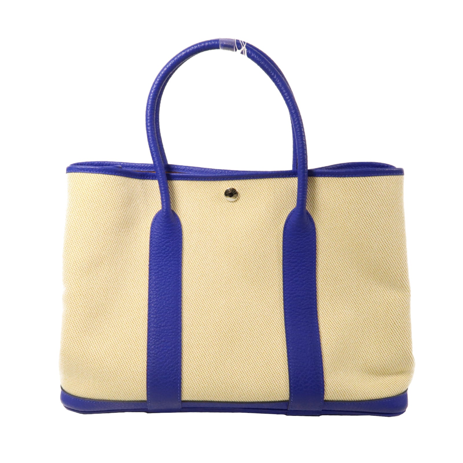 HERMES Toile H帆布Garden Party PM銀扣手挽袋Bleu Hydra/藍色/米色