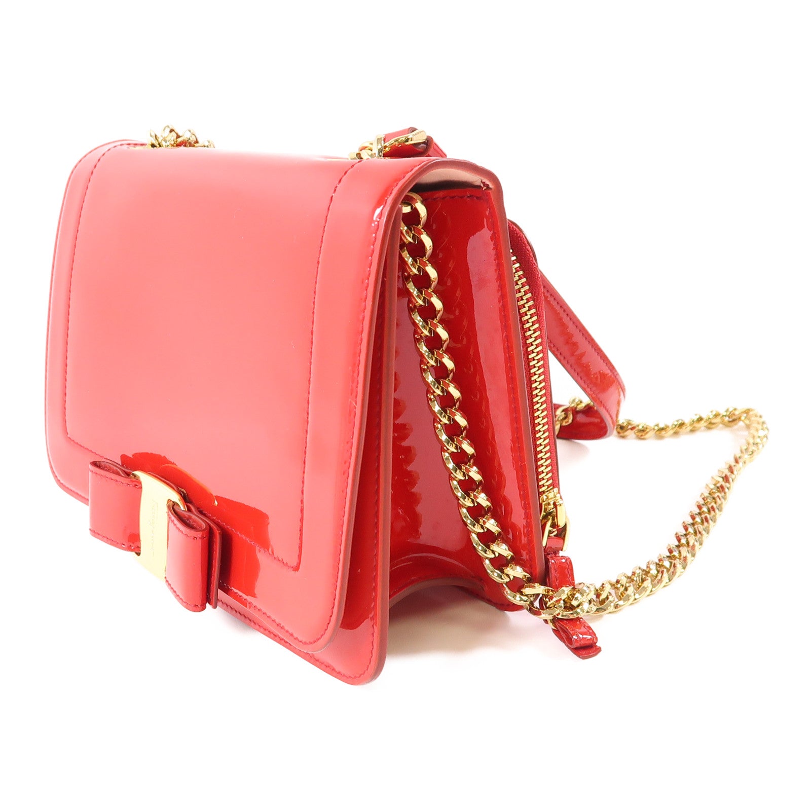 Salvatore Ferragamo 漆皮皮革Chain Shoulder金扣鏈帶肩背袋