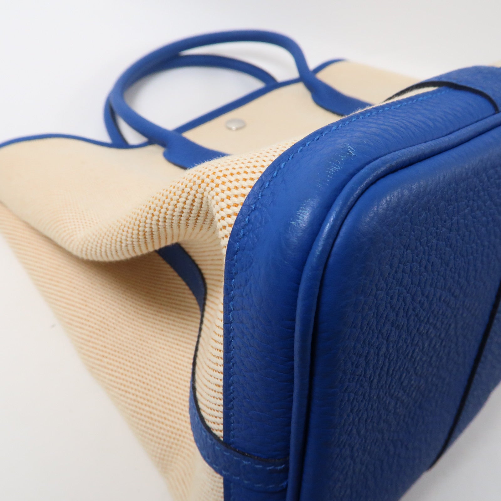 HERMES Toile H帆布Garden Party PM銀扣手挽袋Bleu Hydra/藍色/米色