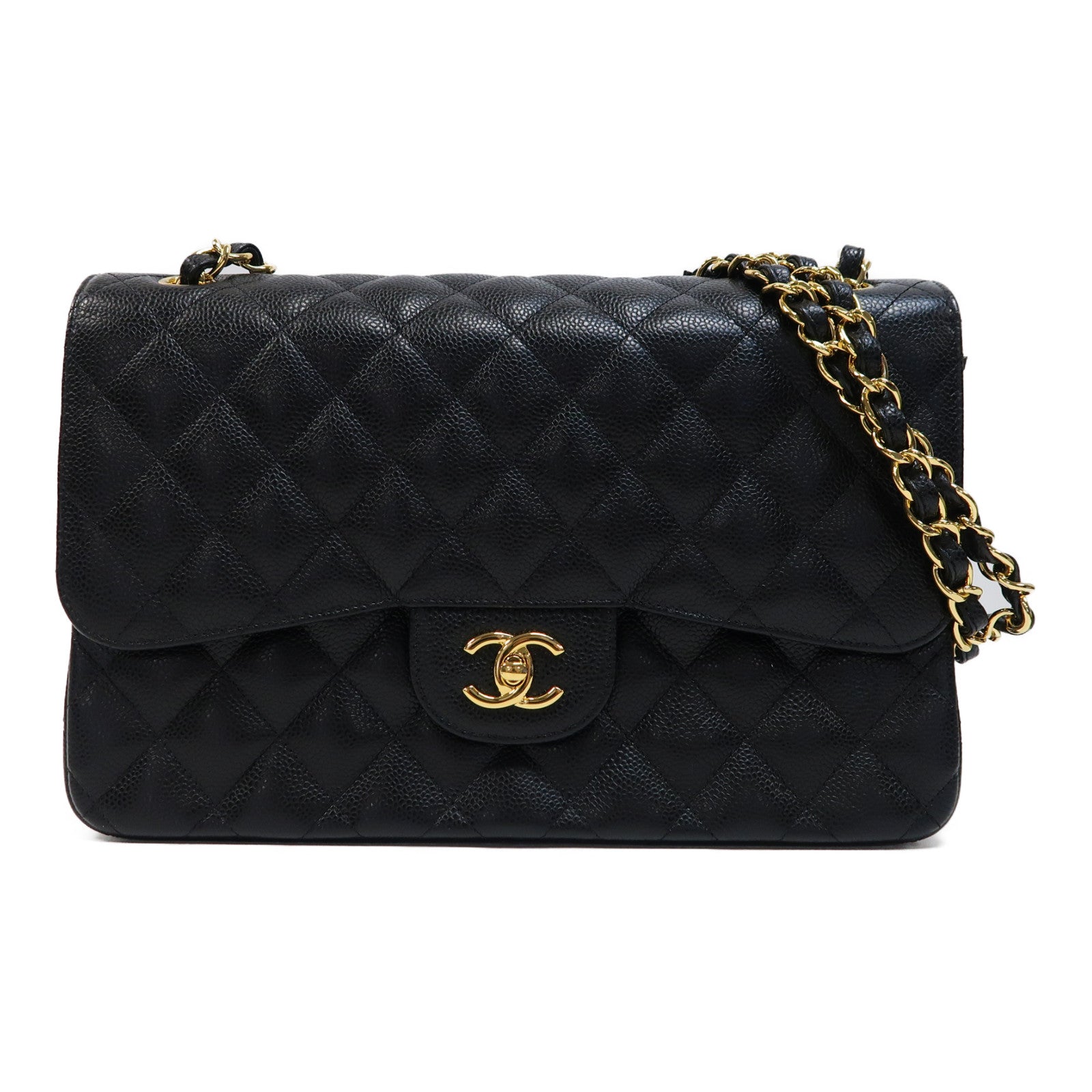 CHANEL 菱格Caviar皮革Classic Flap Jumbo金扣鏈帶肩背袋黑色