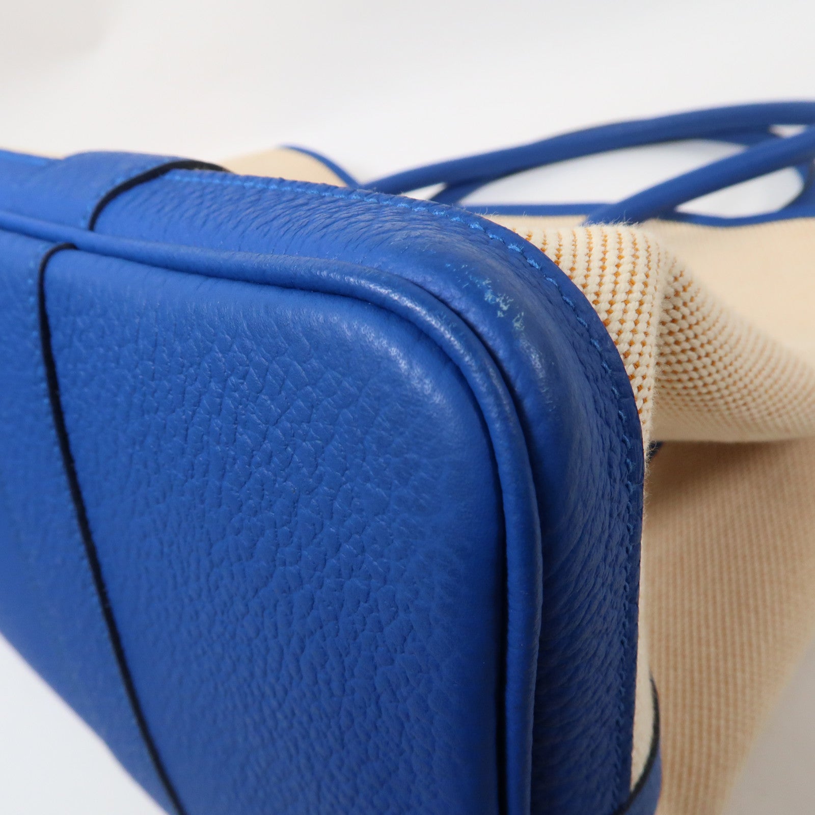 HERMES Toile H帆布Garden Party PM銀扣手挽袋Bleu Hydra/藍色/米色