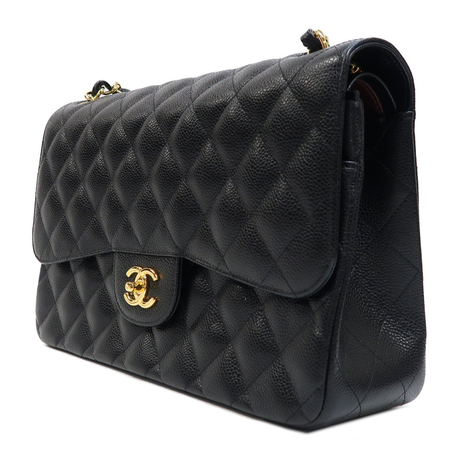 CHANEL 菱格Caviar皮革Classic Flap Jumbo金扣鏈帶肩背袋黑色