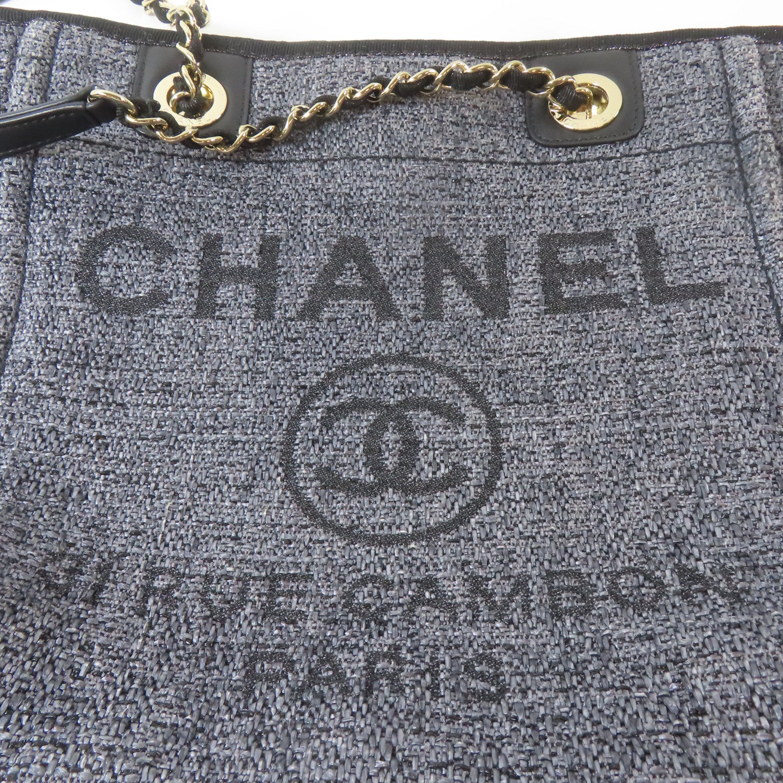CHANEL 帆布Deauville Tote金扣肩背袋/手挽袋灰色