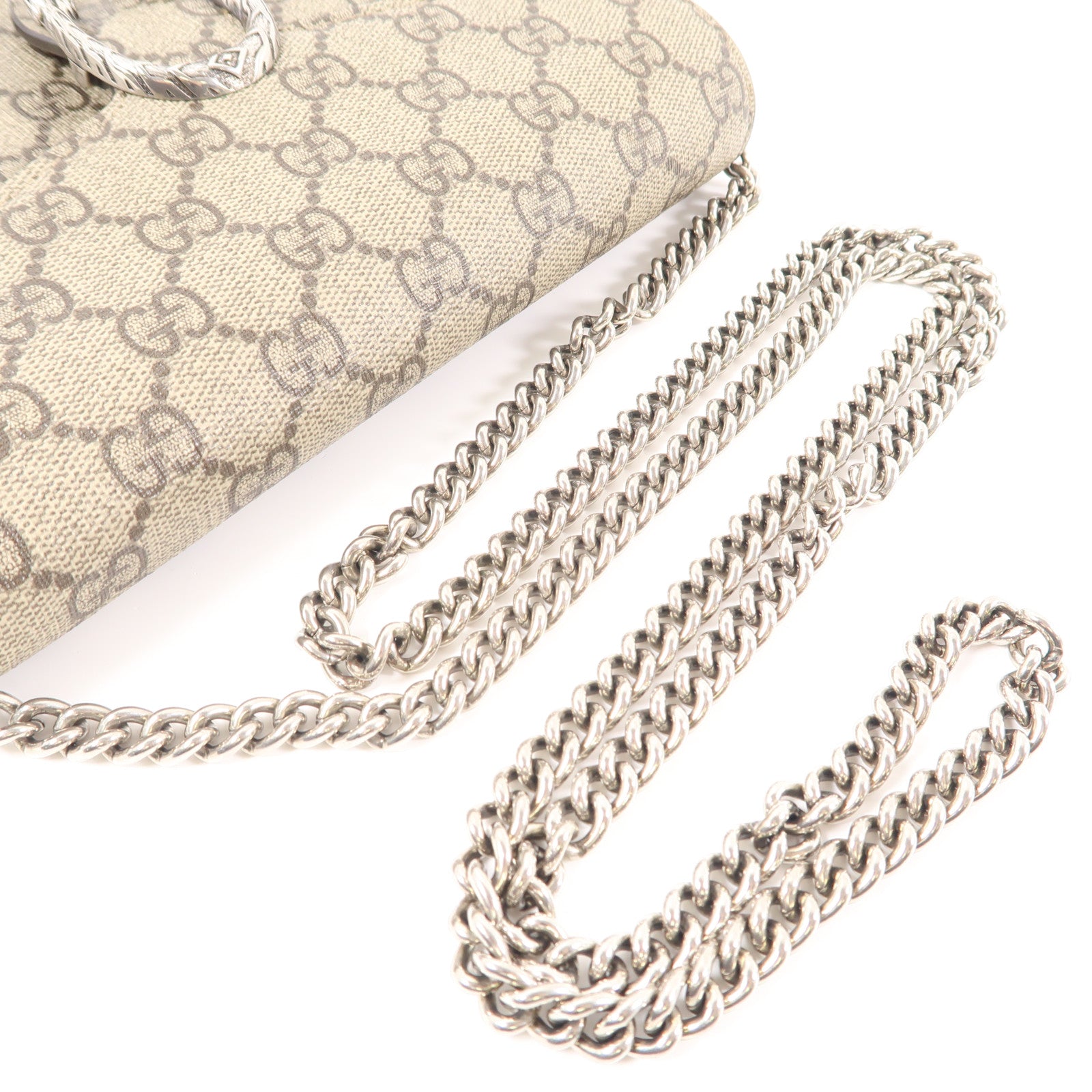 GUCCI 塗層帆布Dionysus Small銀扣鏈帶肩背袋棕色