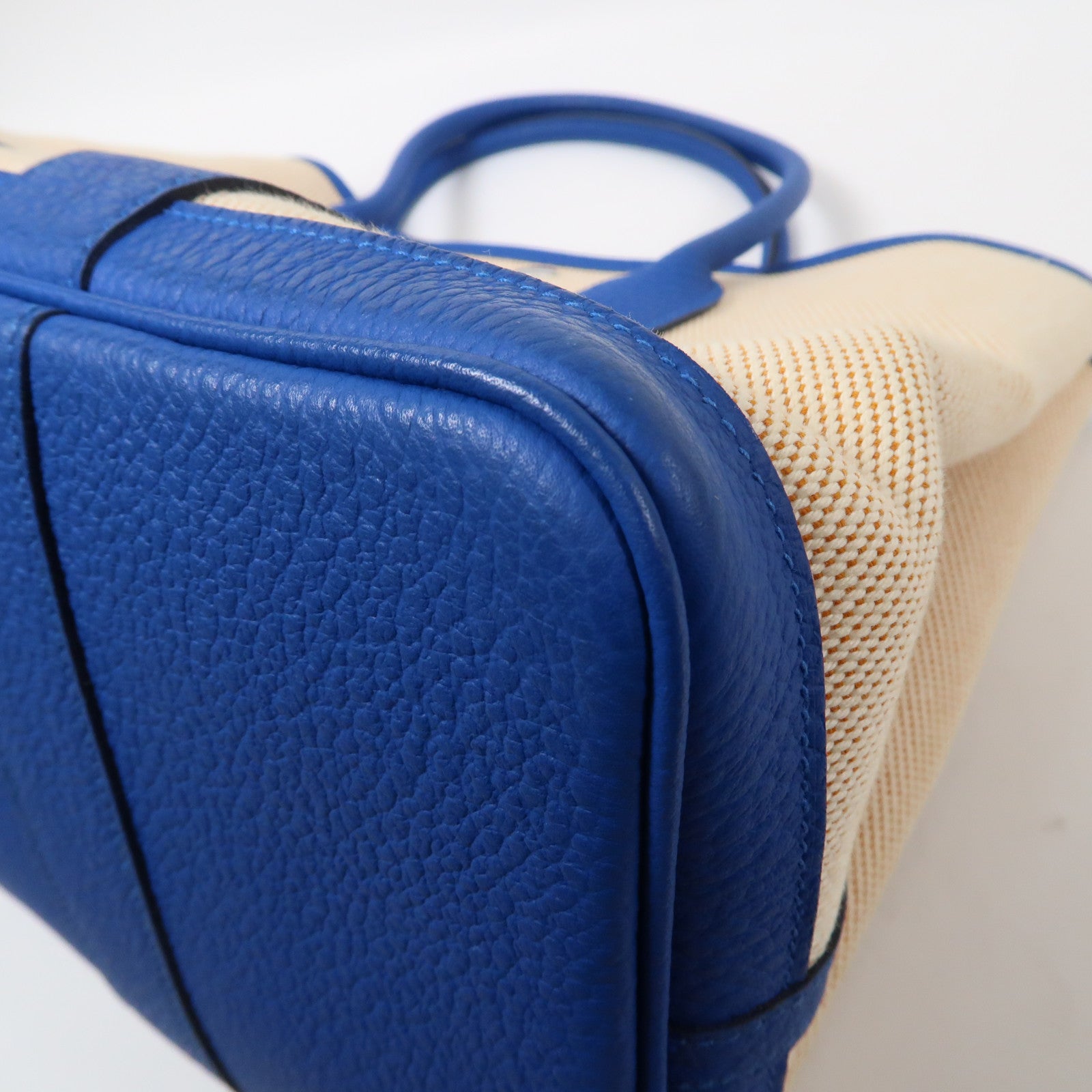 HERMES Toile H帆布Garden Party PM銀扣手挽袋Bleu Hydra/藍色/米色