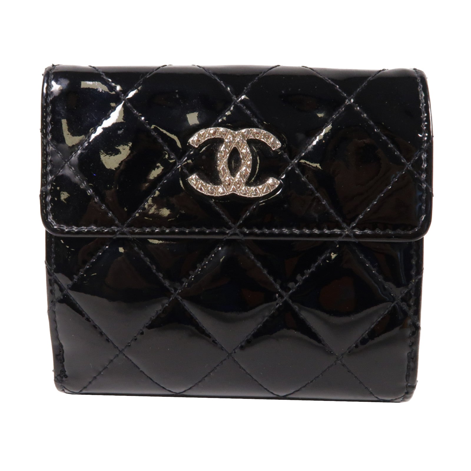 CHANEL 【激減優惠】菱格漆皮皮革Wallet銀扣錢包黑色