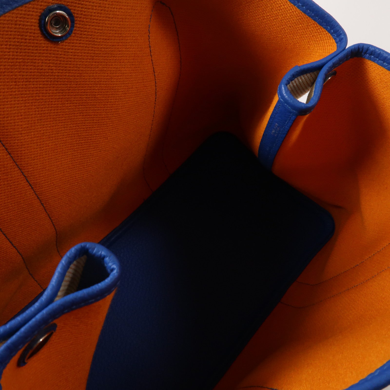 HERMES Toile H帆布Garden Party PM銀扣手挽袋Bleu Hydra/藍色/米色