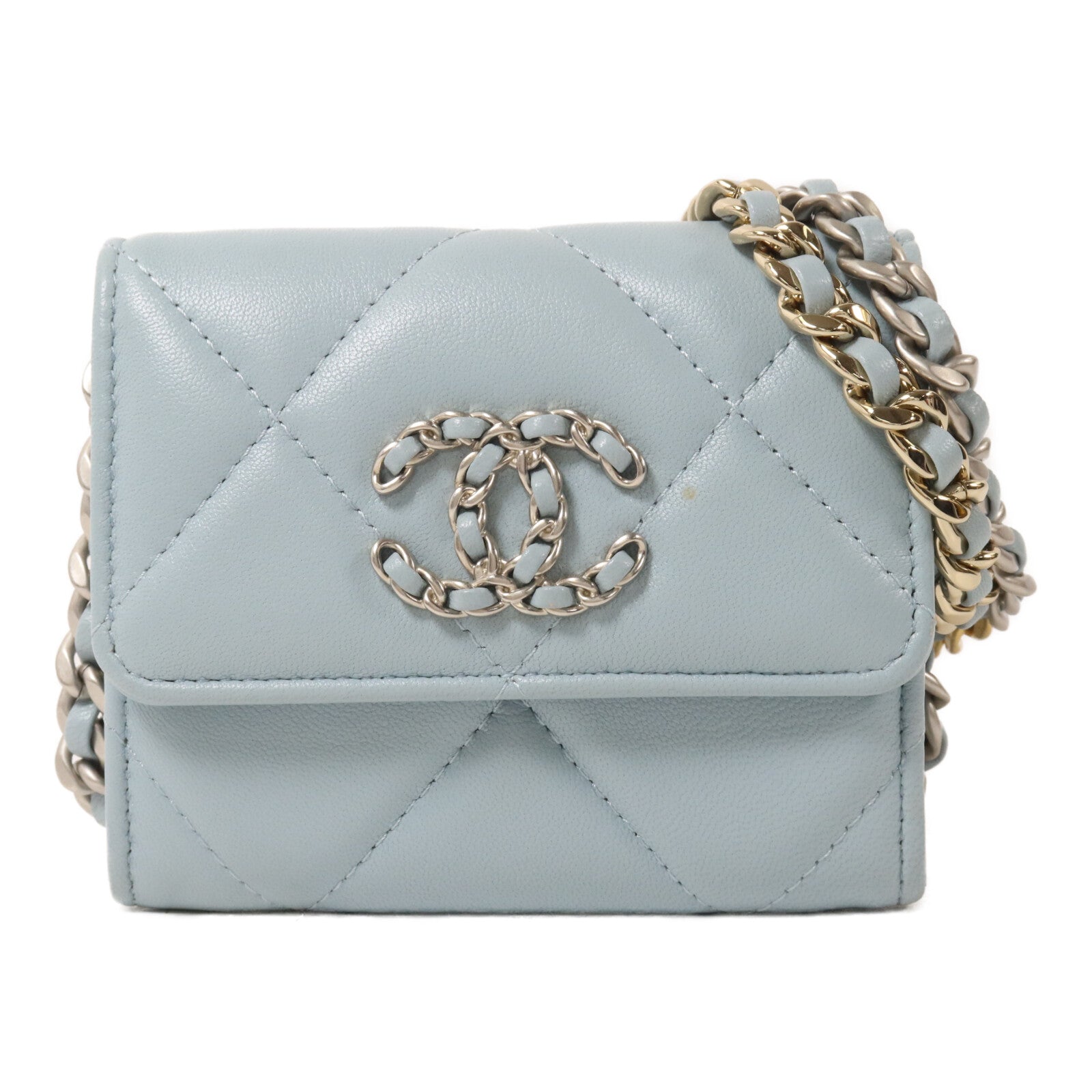 CHANEL 羊皮皮革C19 Card Holder On Chain鏈帶肩背袋