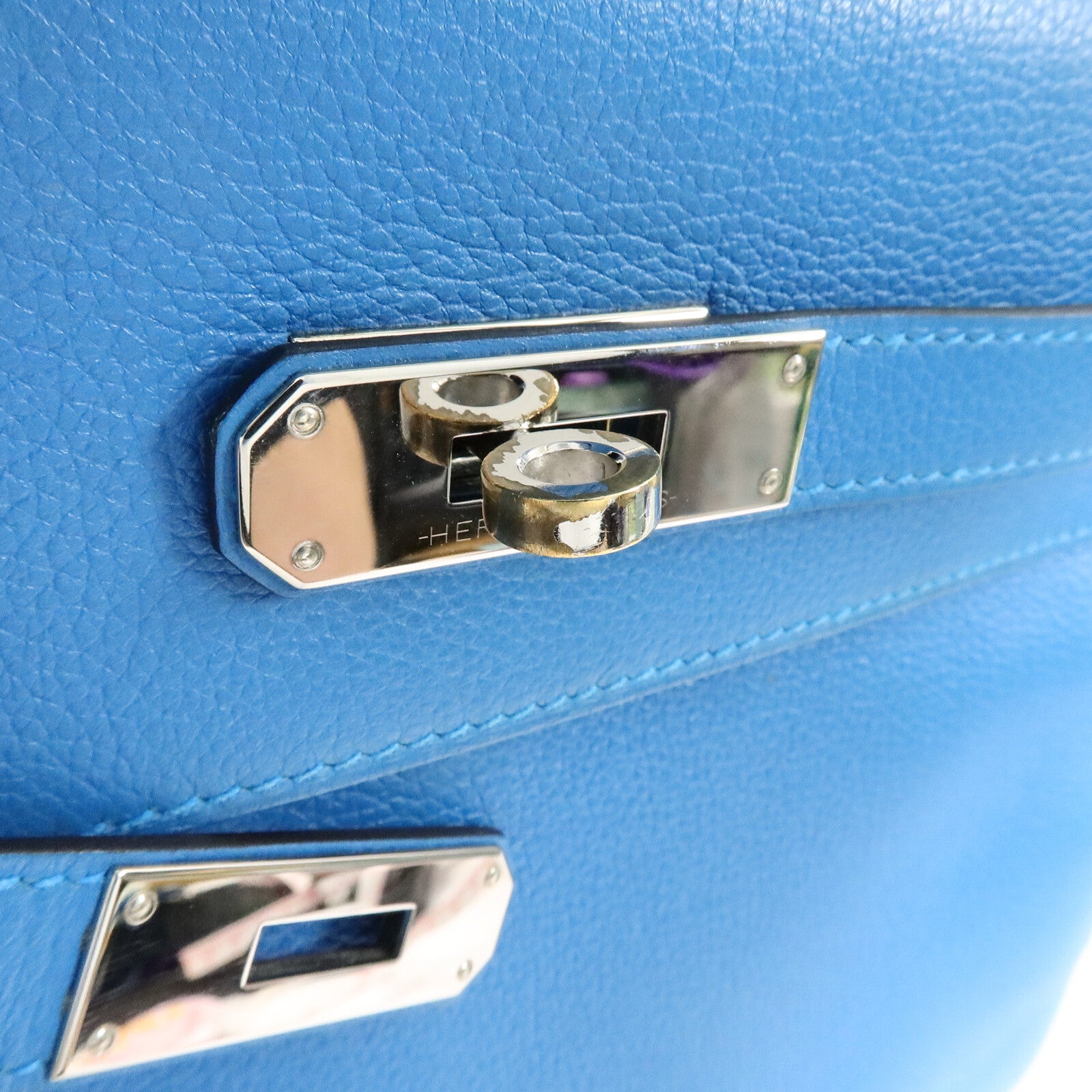 HERMES Clemence皮革Kelly 28手挽肩背兩用袋Bleu Frida