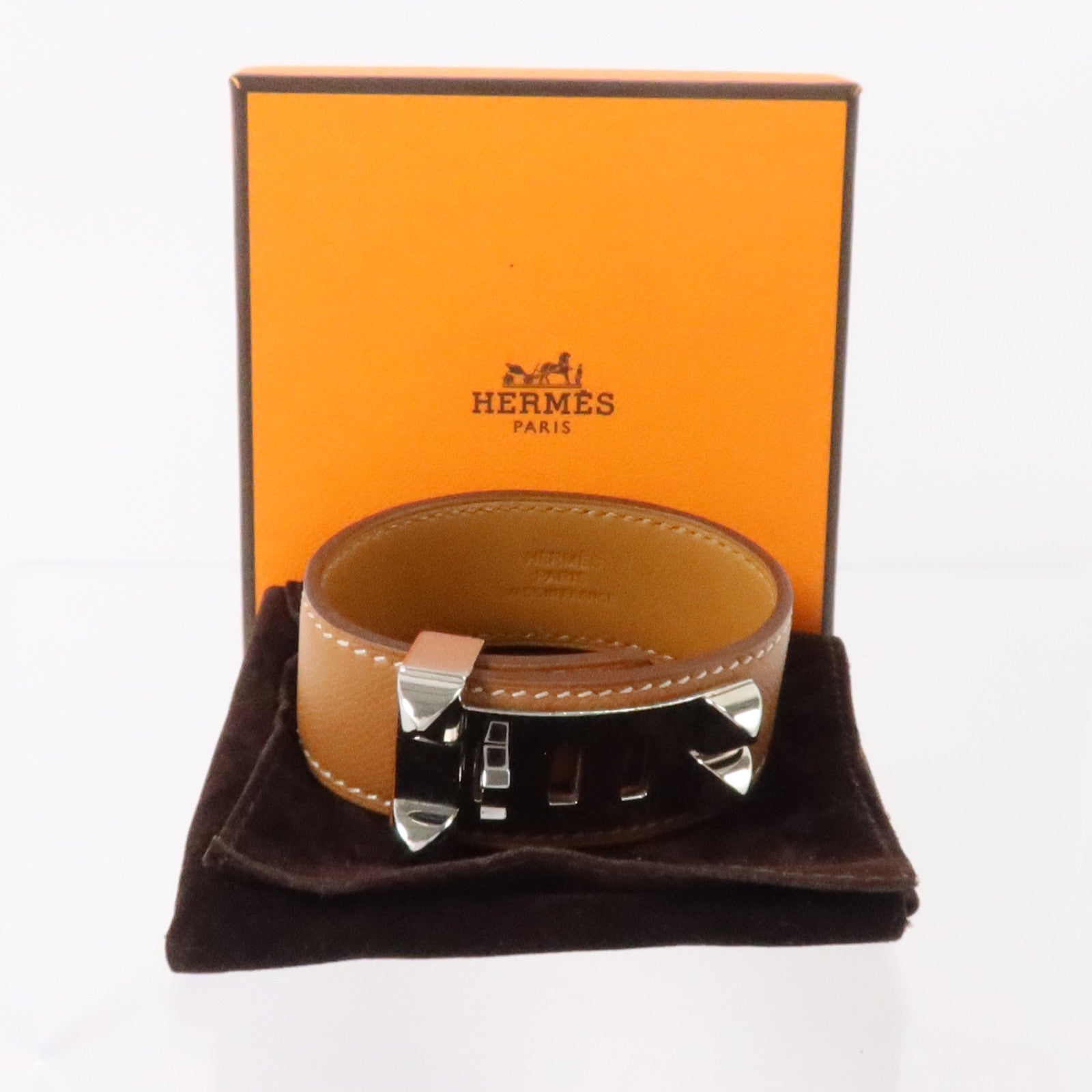 HERMES Madame皮革/金屬Collier De Chien 24 Bracelet銀扣手鏈Gold