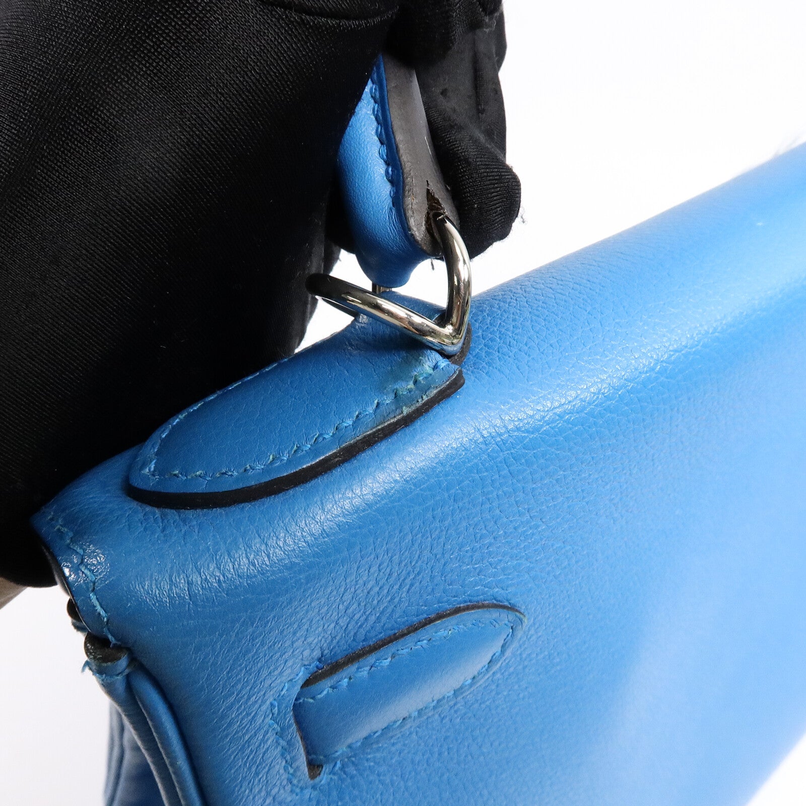 HERMES Clemence皮革Kelly 28手挽肩背兩用袋Bleu Frida