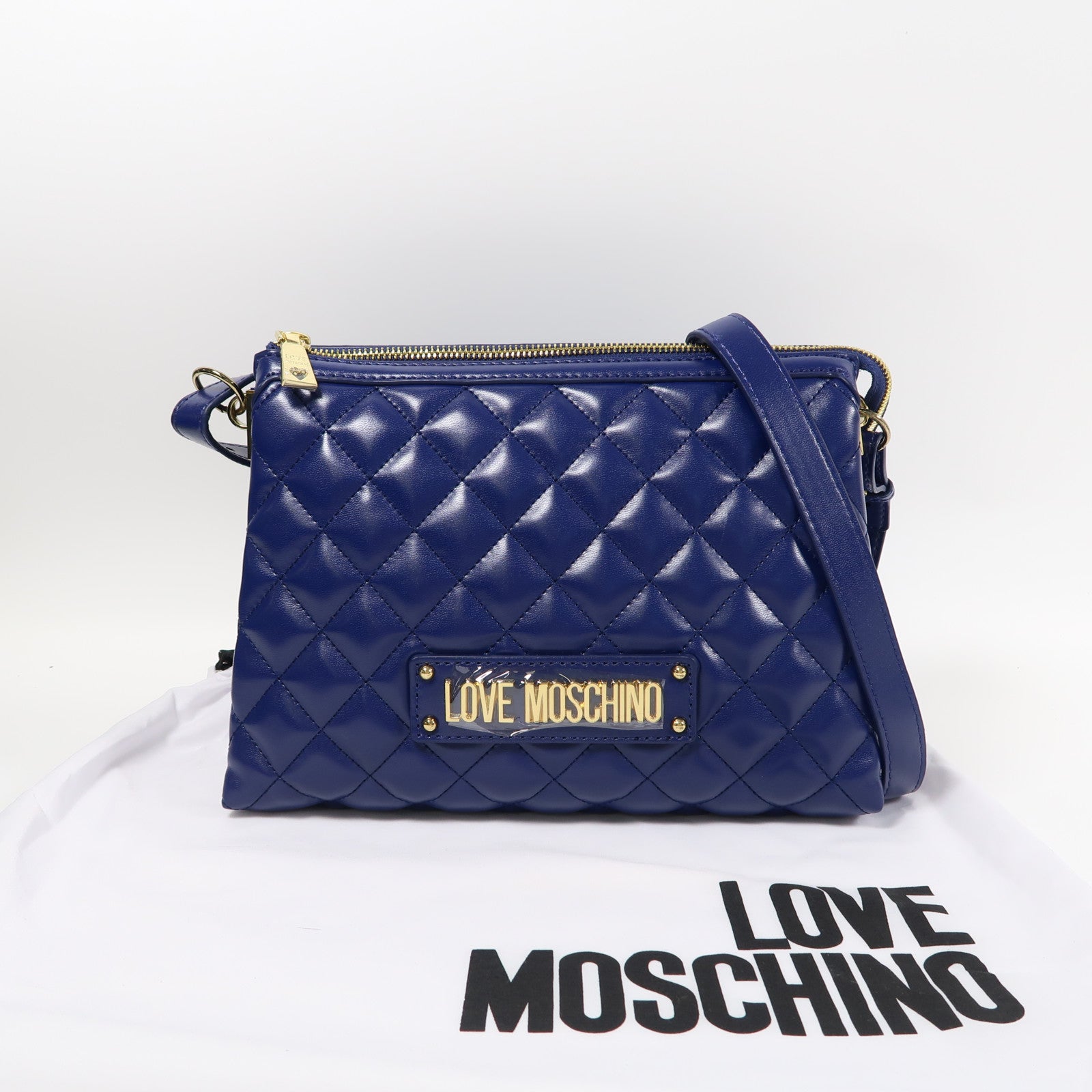MOSCHINO 菱格塗層帆布Shoulder Bag金扣肩背袋藍色