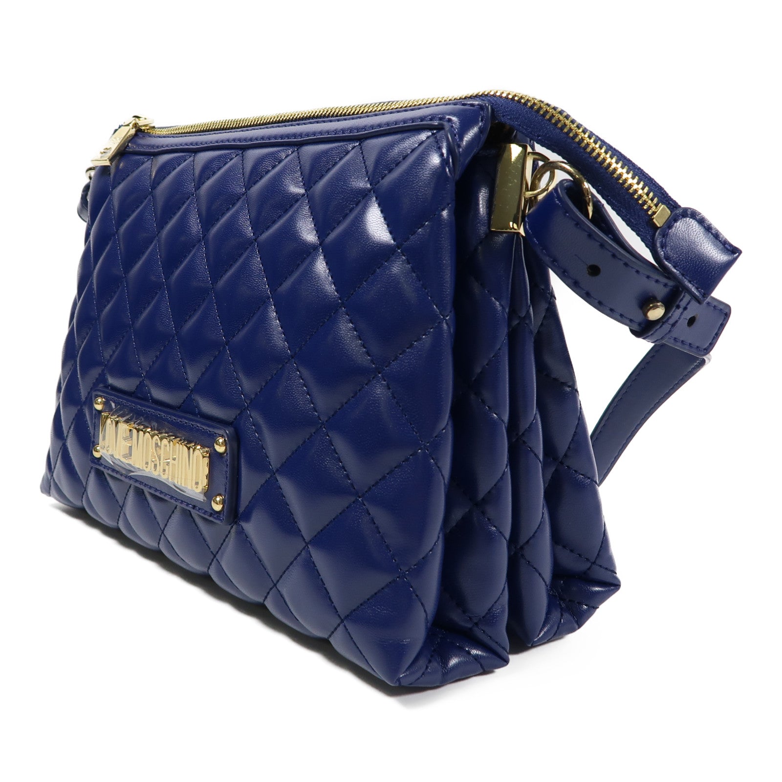 MOSCHINO 菱格塗層帆布Shoulder Bag金扣肩背袋藍色