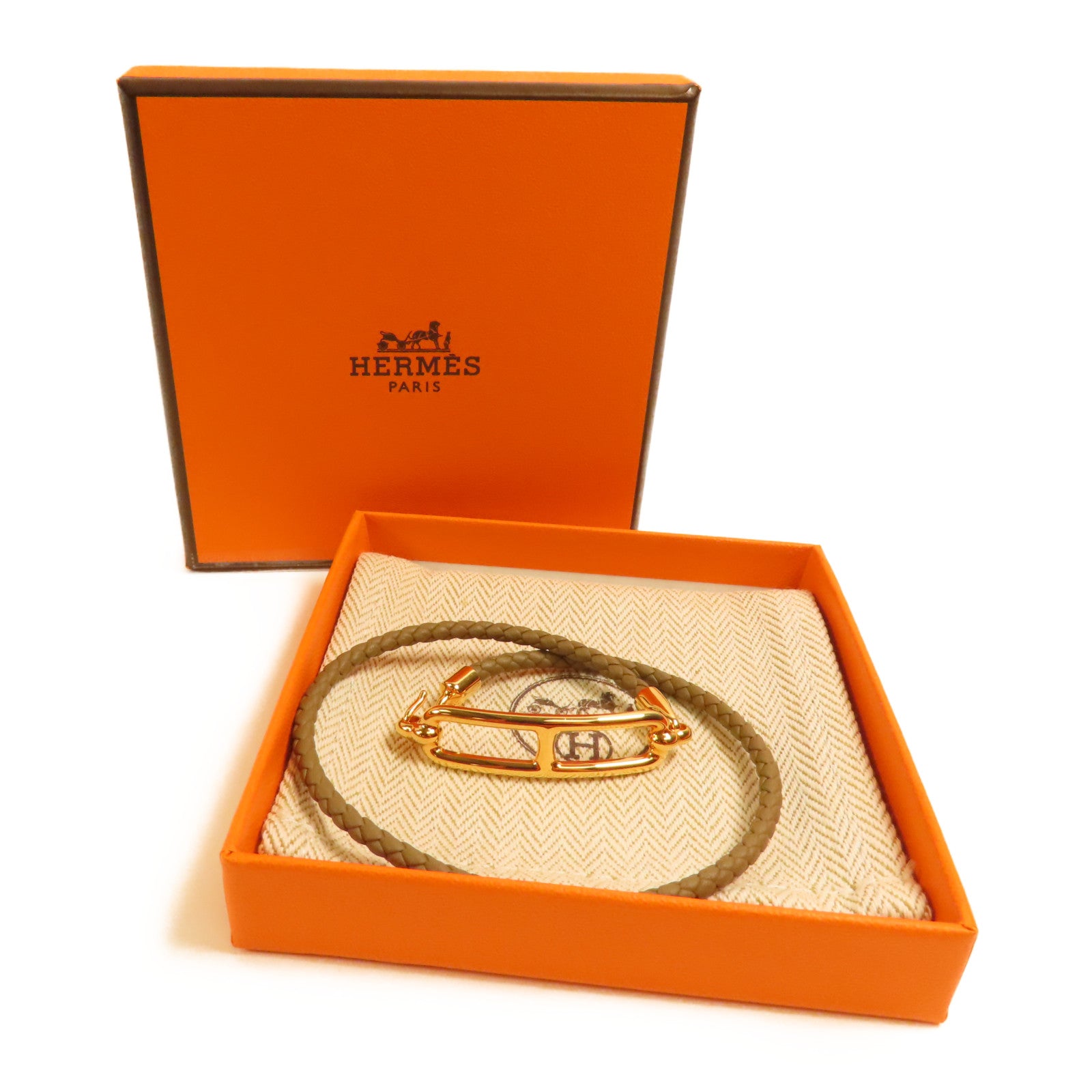 HERMES GHW Roulis Double Tour Bracelet  Calfskin Leather Brown Etoupe