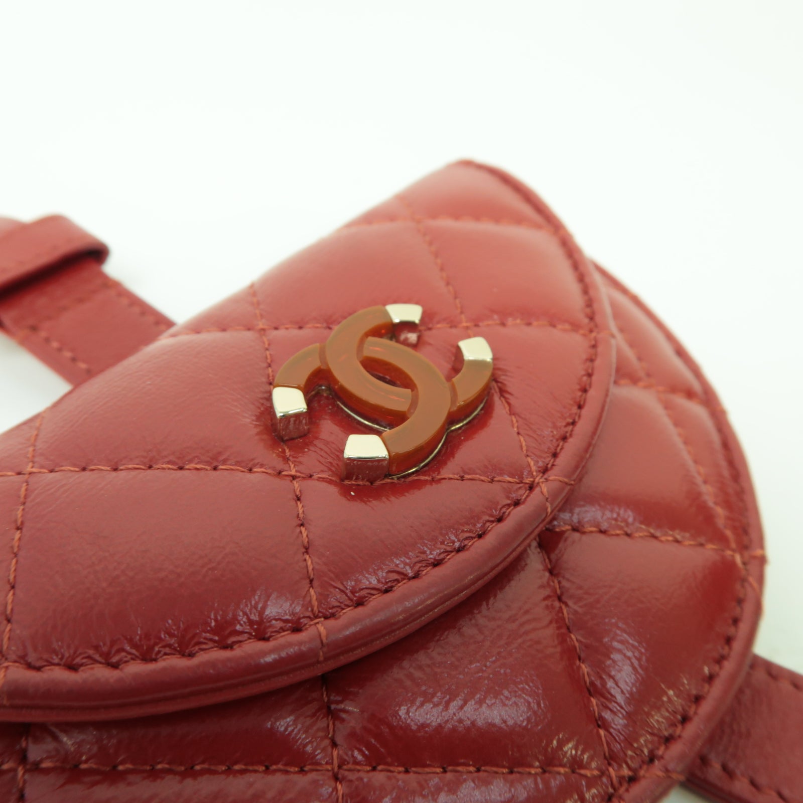 CHANEL 菱格羊皮皮革Coin Case Wristlet金扣零錢包紅色
