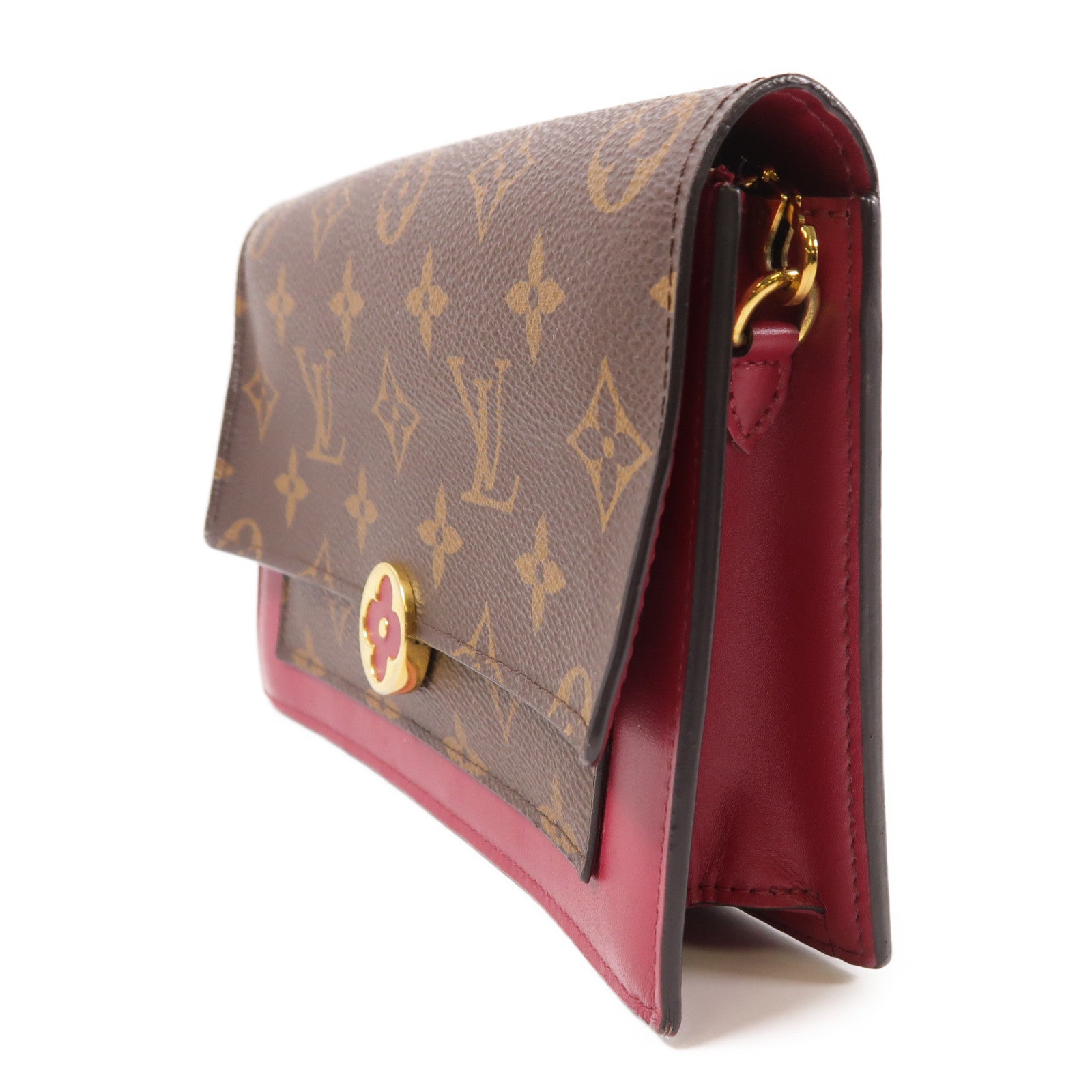 LOUIS VUITTON Monogram Portefeuille Flore金扣鏈帶肩背袋棕色/紅色