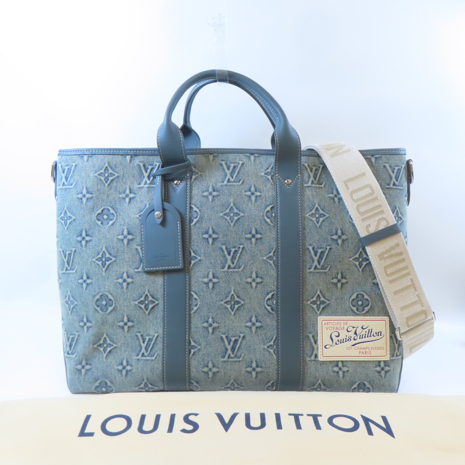 LOUIS VUITTON 牛仔布/皮革Weekend Tote NM銀扣手挽肩背兩用袋藍色