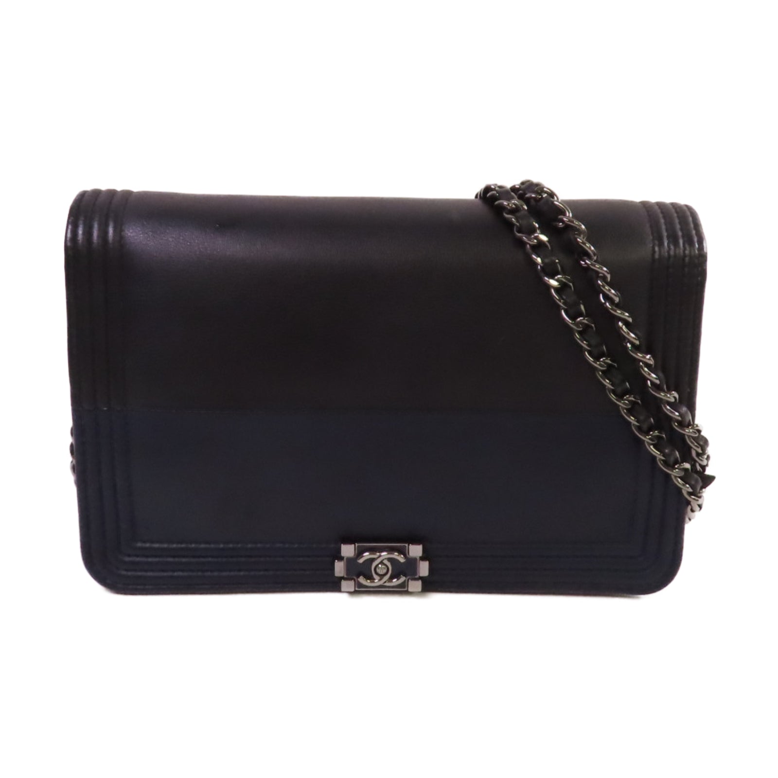 CHANEL 牛皮皮革WOC Wallet On Chain Shoulder Bag銀扣鏈帶肩背袋黑色/深藍色