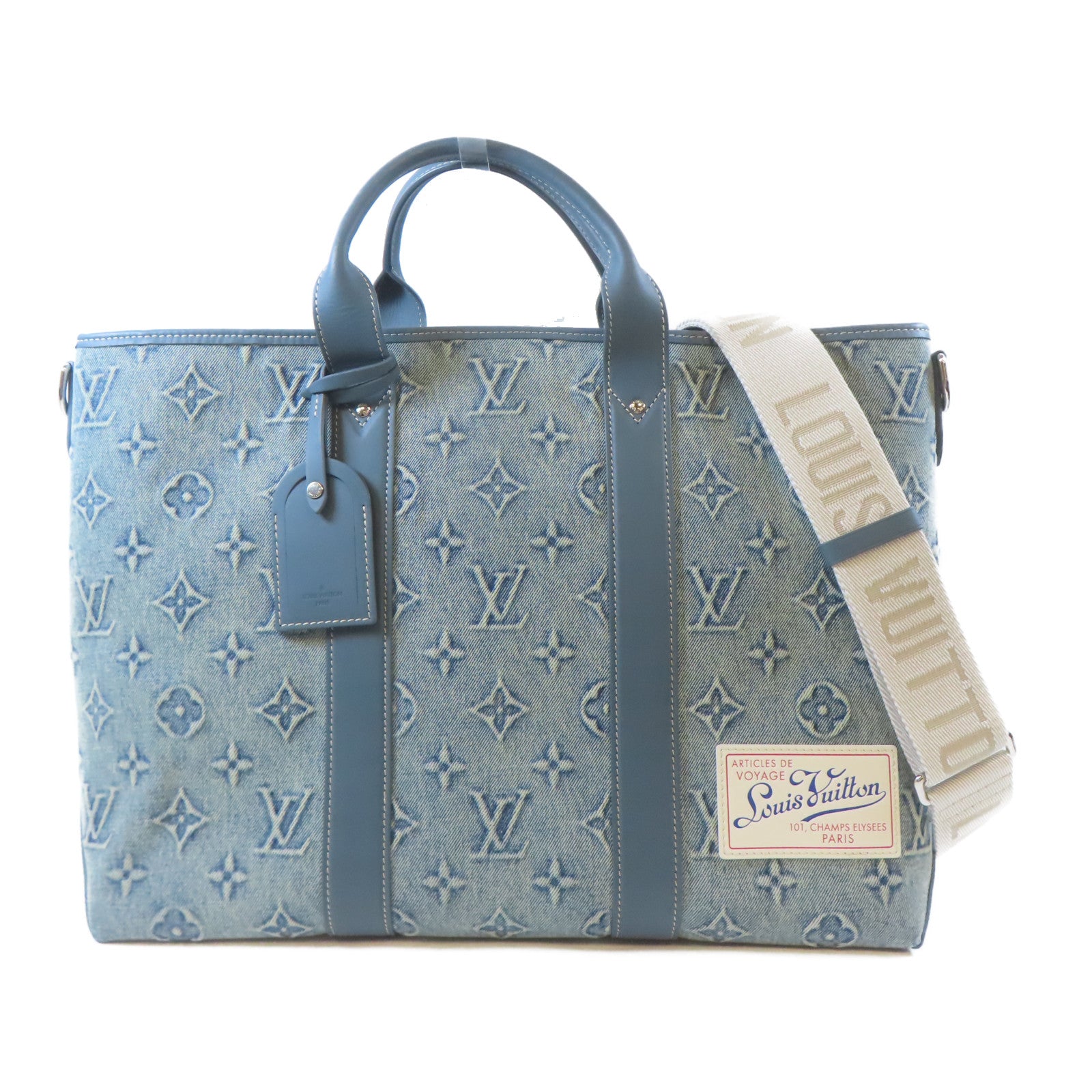 LOUIS VUITTON 牛仔布/皮革Weekend Tote NM銀扣手挽肩背兩用袋藍色