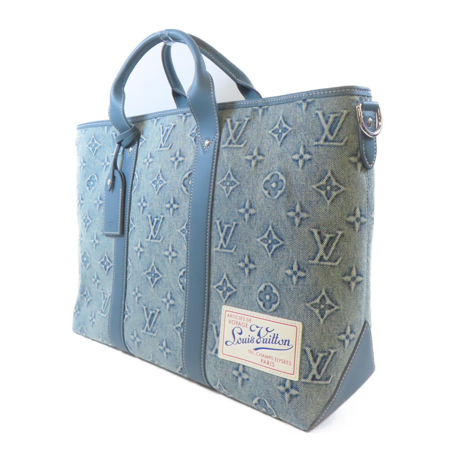 LOUIS VUITTON 牛仔布/皮革Weekend Tote NM銀扣手挽肩背兩用袋藍色