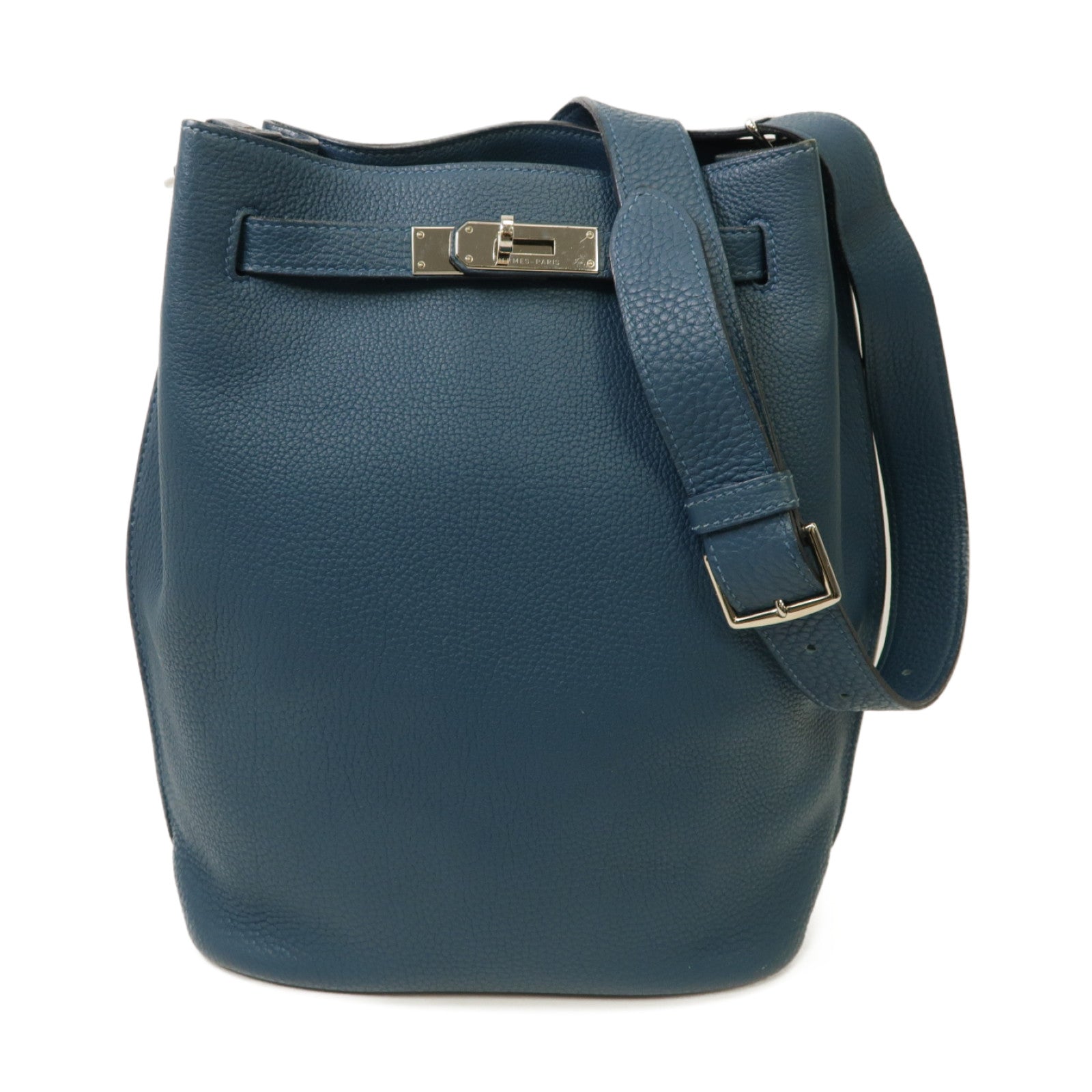 HERMES Clemence皮革So Kelly 20銀扣肩背袋Colvert藍色