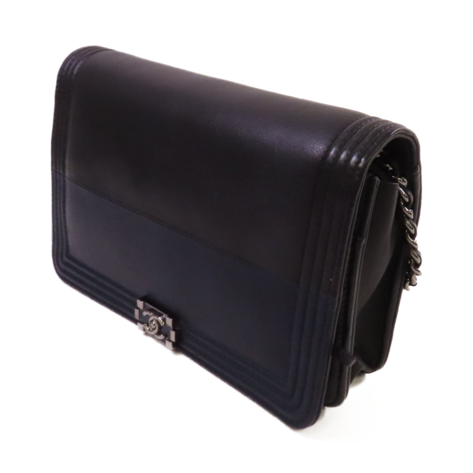 CHANEL 牛皮皮革WOC Wallet On Chain Shoulder Bag銀扣鏈帶肩背袋黑色/深藍色