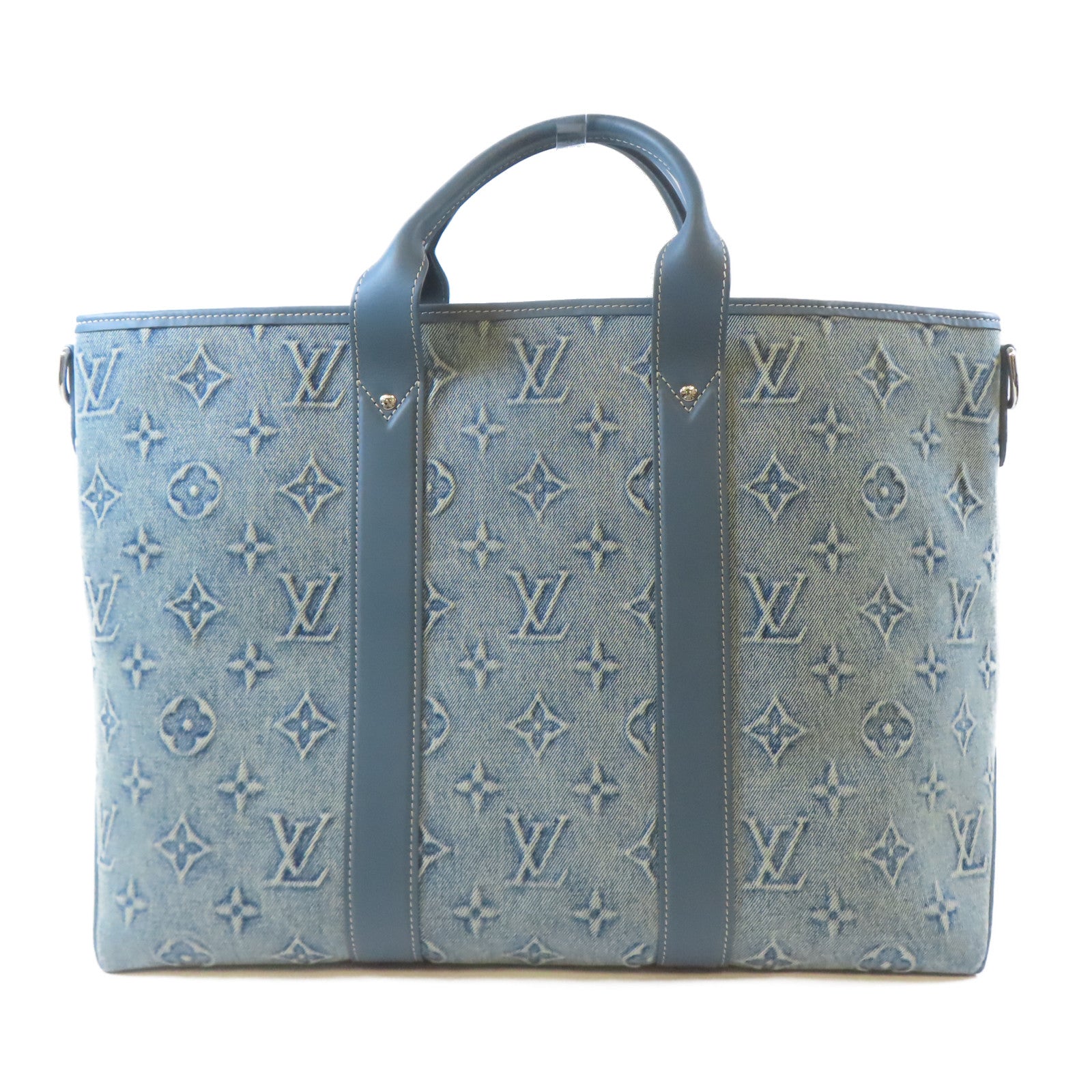 LOUIS VUITTON 牛仔布/皮革Weekend Tote NM銀扣手挽肩背兩用袋藍色