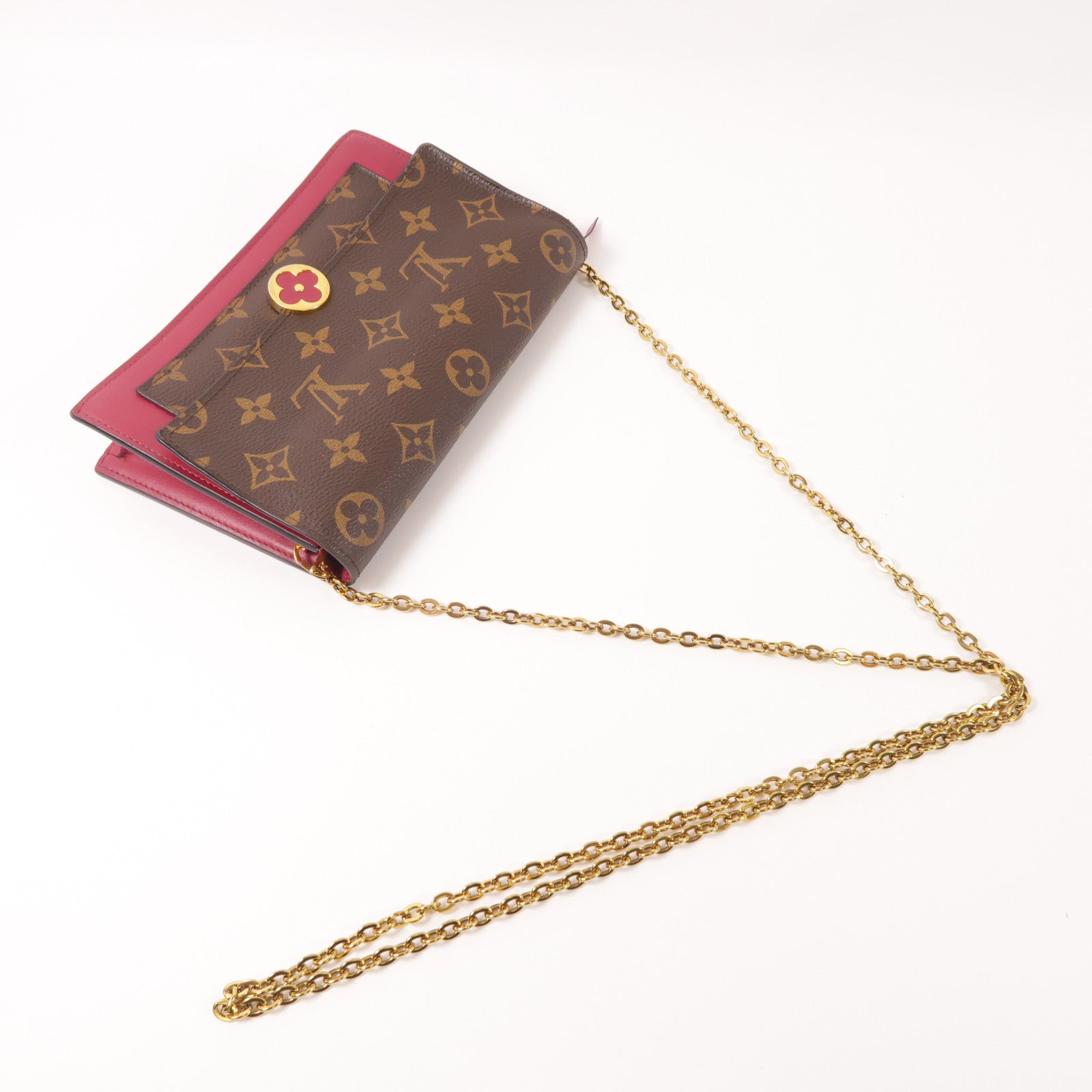 LOUIS VUITTON Monogram Portefeuille Flore金扣鏈帶肩背袋棕色/紅色