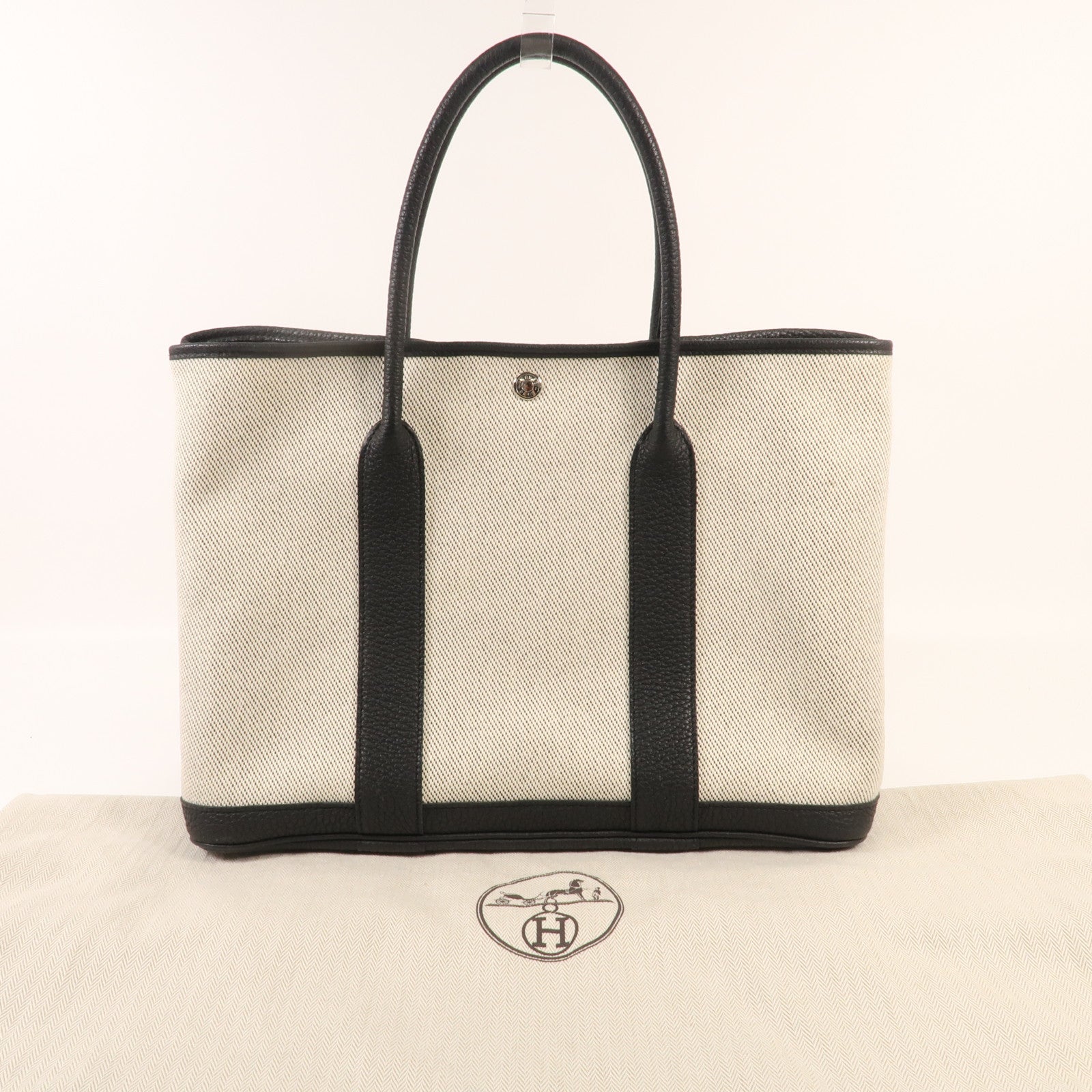 HERMES 帆布Garden Party PM銀扣手挽袋Black/White