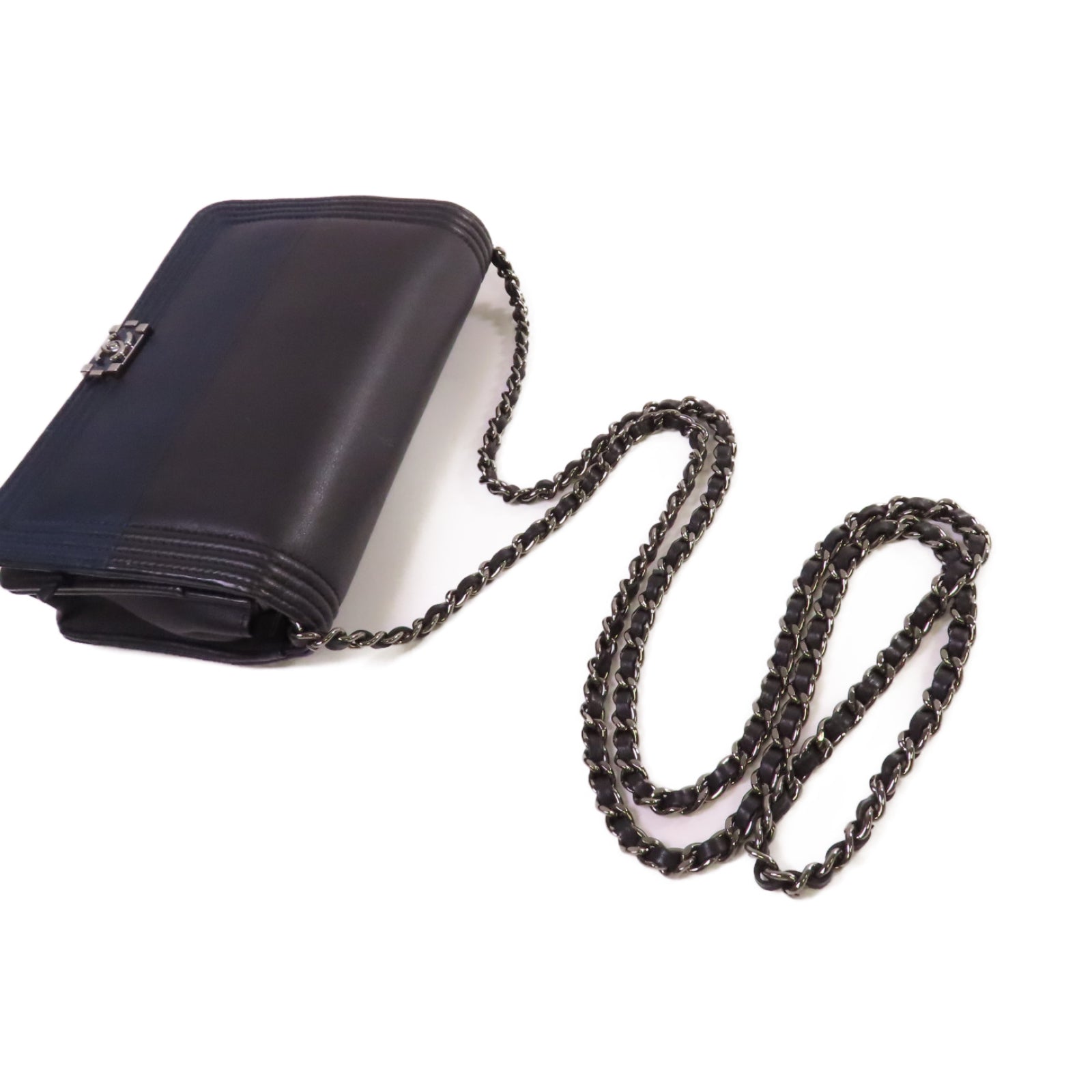 CHANEL 牛皮皮革WOC Wallet On Chain Shoulder Bag銀扣鏈帶肩背袋黑色/深藍色