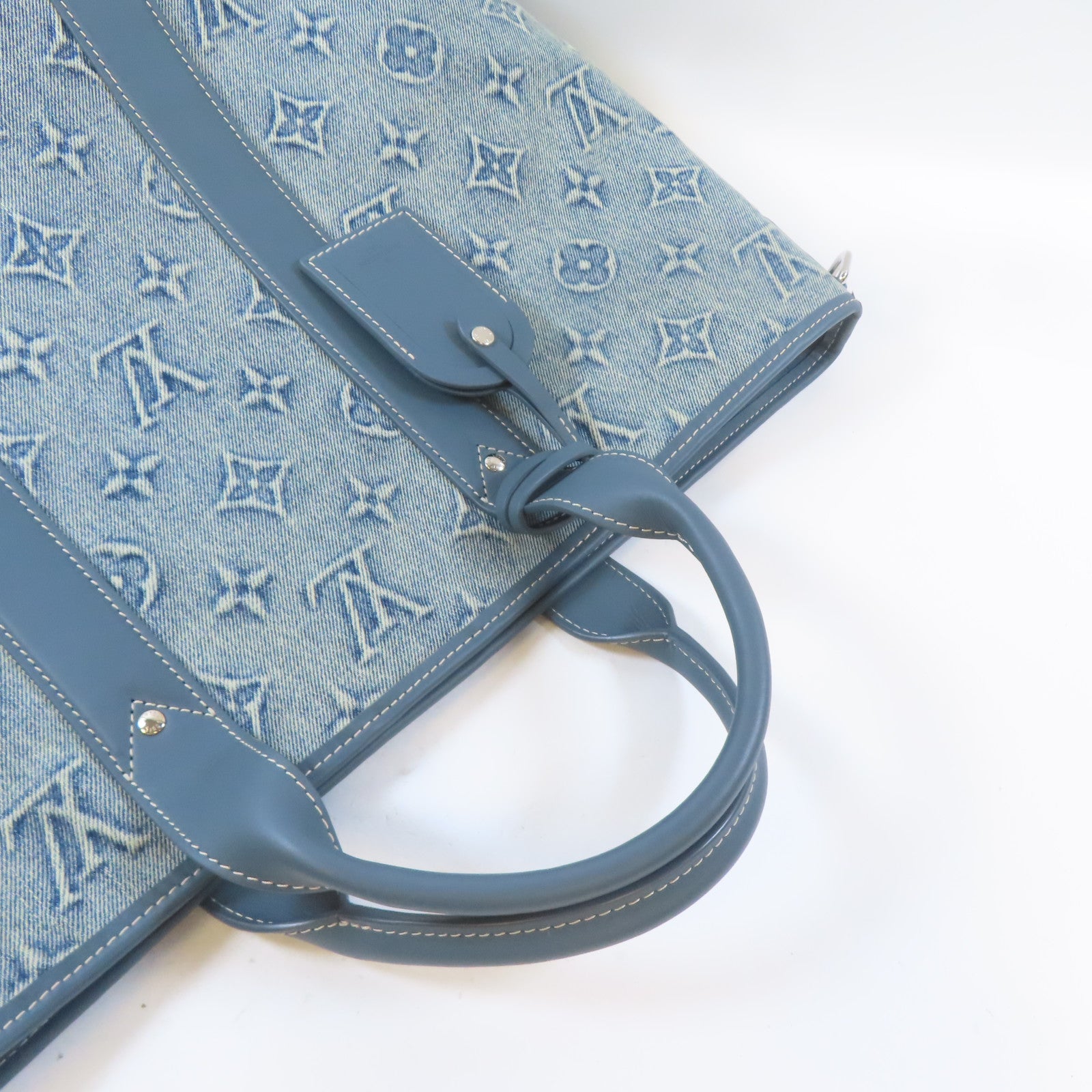 LOUIS VUITTON 牛仔布/皮革Weekend Tote NM銀扣手挽肩背兩用袋藍色