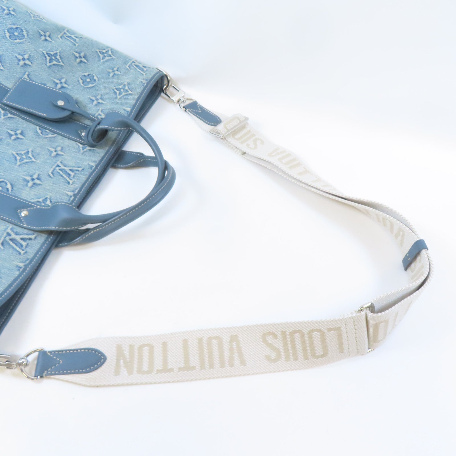 LOUIS VUITTON 牛仔布/皮革Weekend Tote NM銀扣手挽肩背兩用袋藍色
