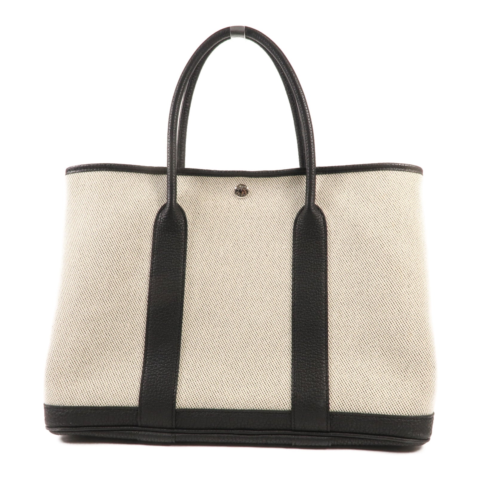 HERMES 帆布Garden Party PM銀扣手挽袋Black/White