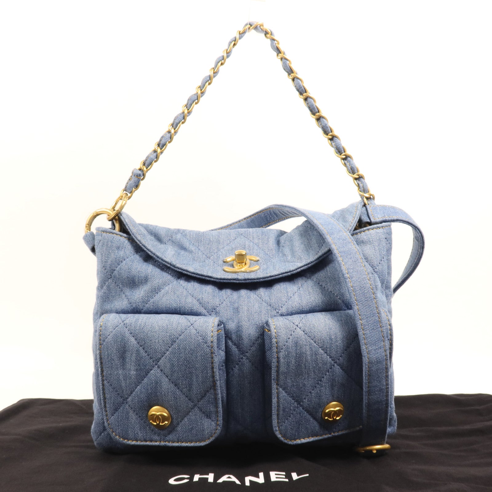 CHANEL 牛仔布Hobo Hand Bag金扣手挽肩背兩用袋