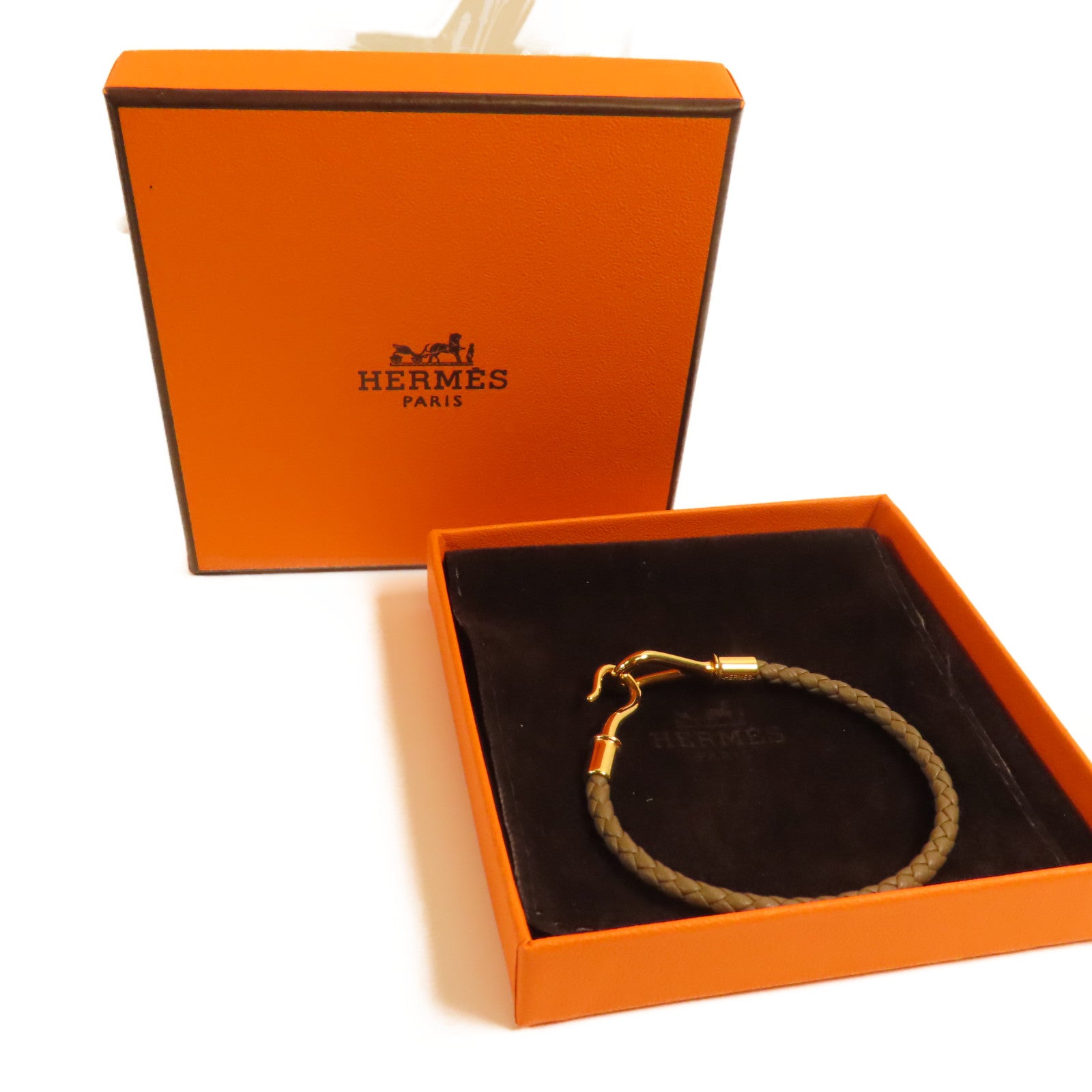 HERMES 牛皮皮革Jumbo H Bracelet金扣手帶Etoupe