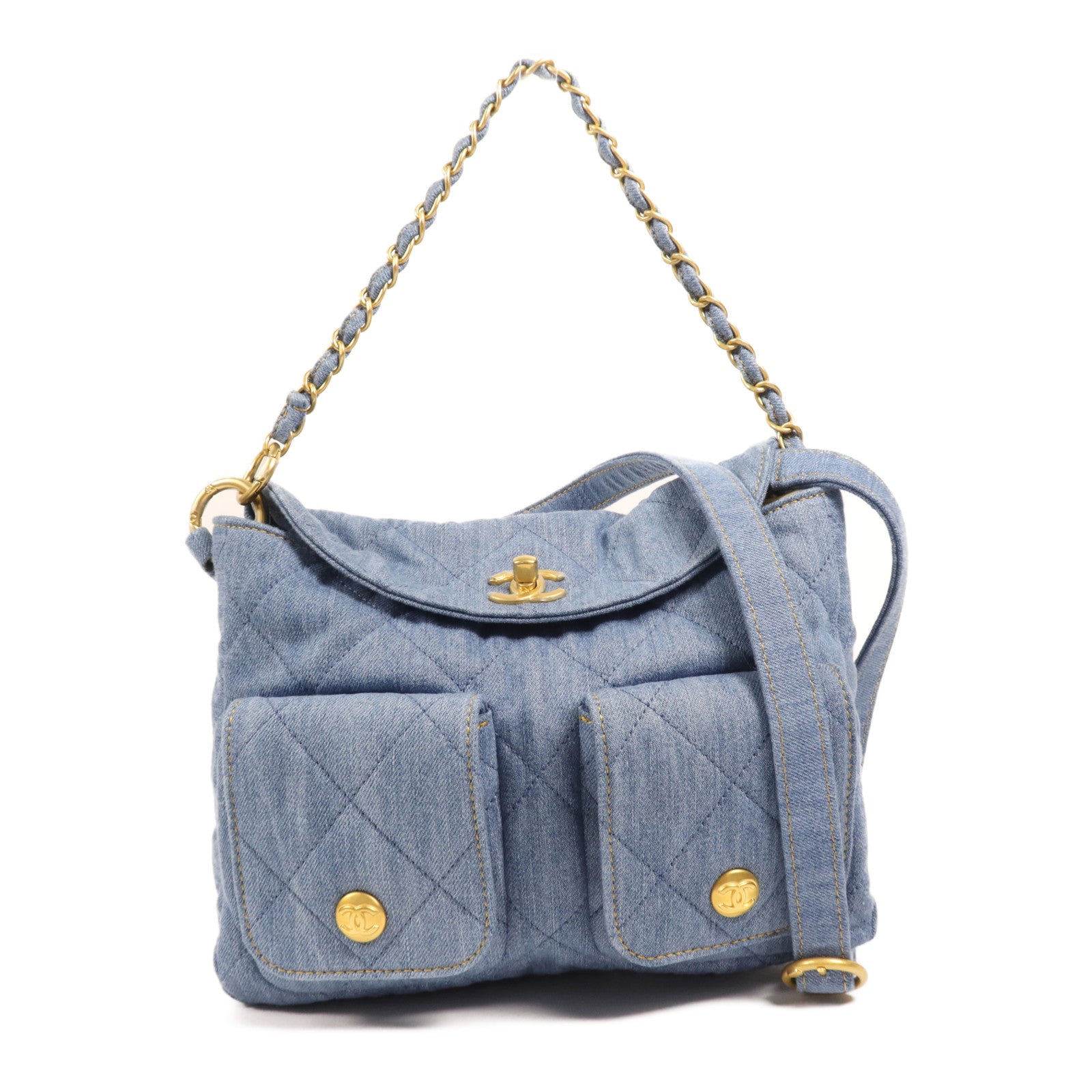 CHANEL 【激減優惠】牛仔布Hobo Hand Bag金扣手挽肩背兩用袋