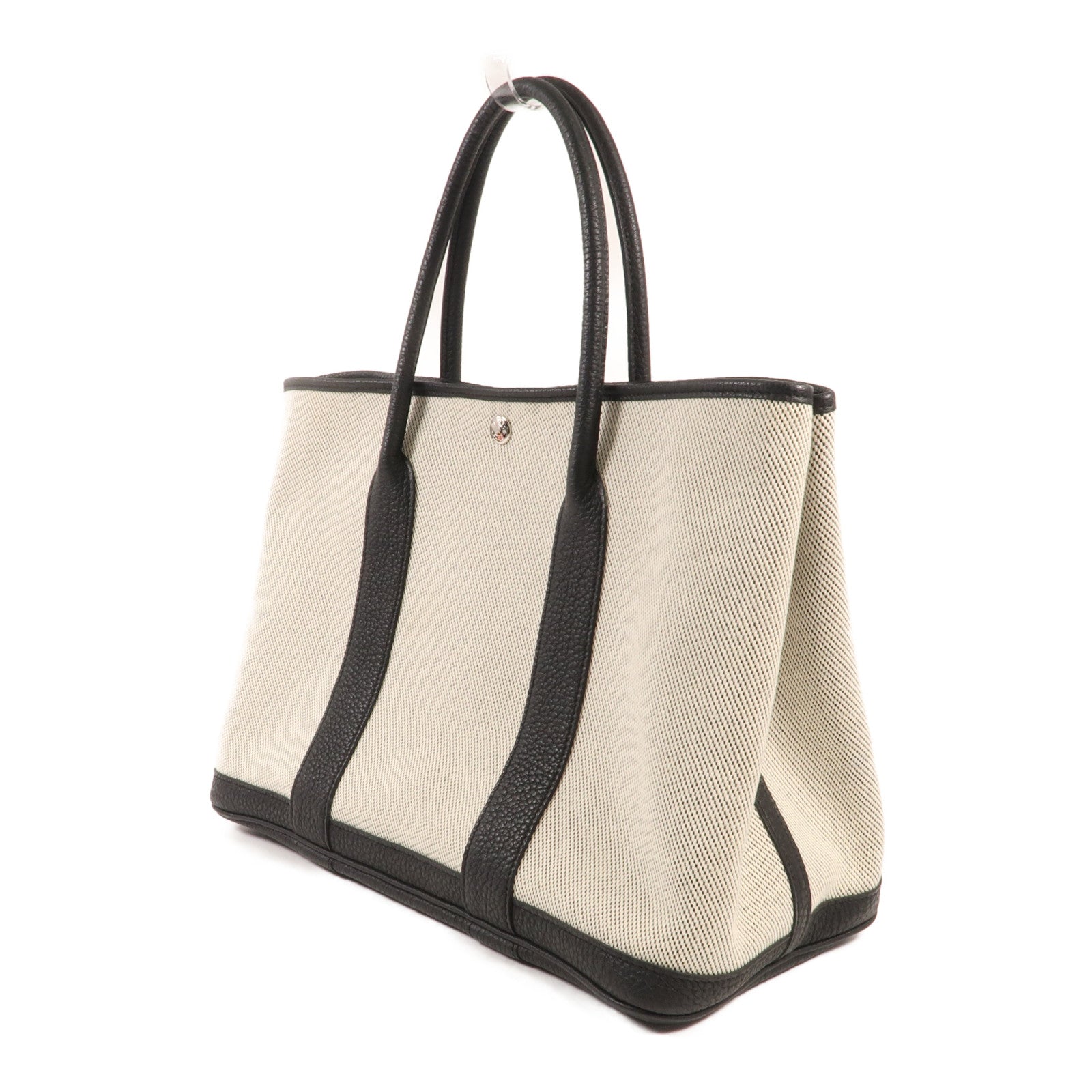HERMES 帆布Garden Party PM銀扣手挽袋Black/White