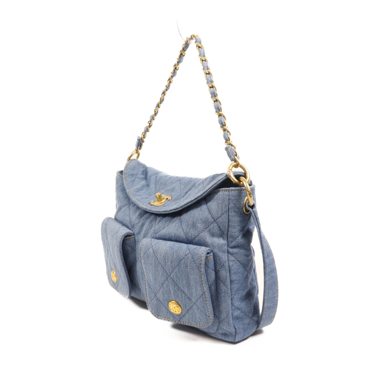 CHANEL 【激減優惠】牛仔布Hobo Hand Bag金扣手挽肩背兩用袋