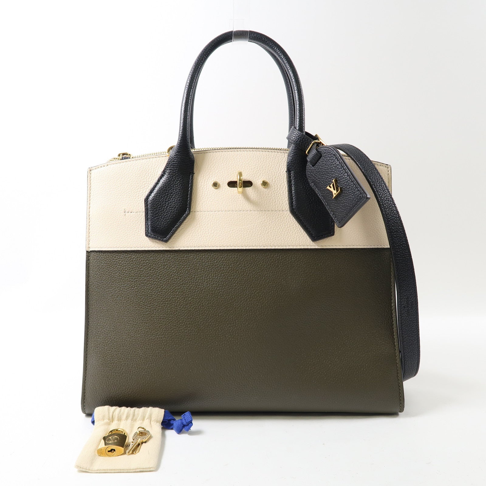 LOUIS VUITTON 牛皮皮革City Steamer金扣手挽肩背兩用袋綠色/米色/黑色