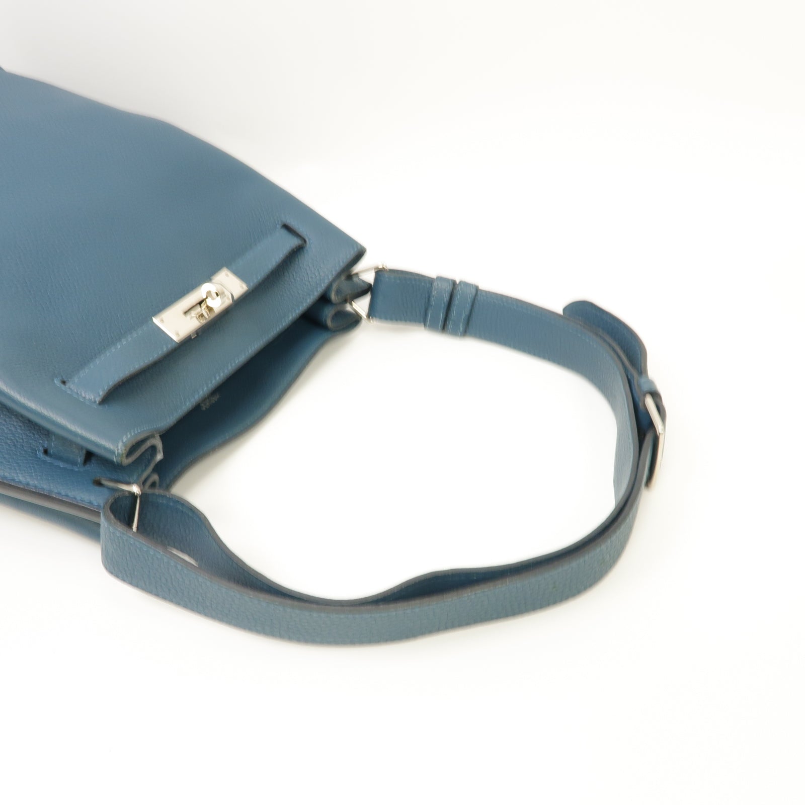 HERMES Clemence皮革So Kelly 20銀扣肩背袋Colvert藍色