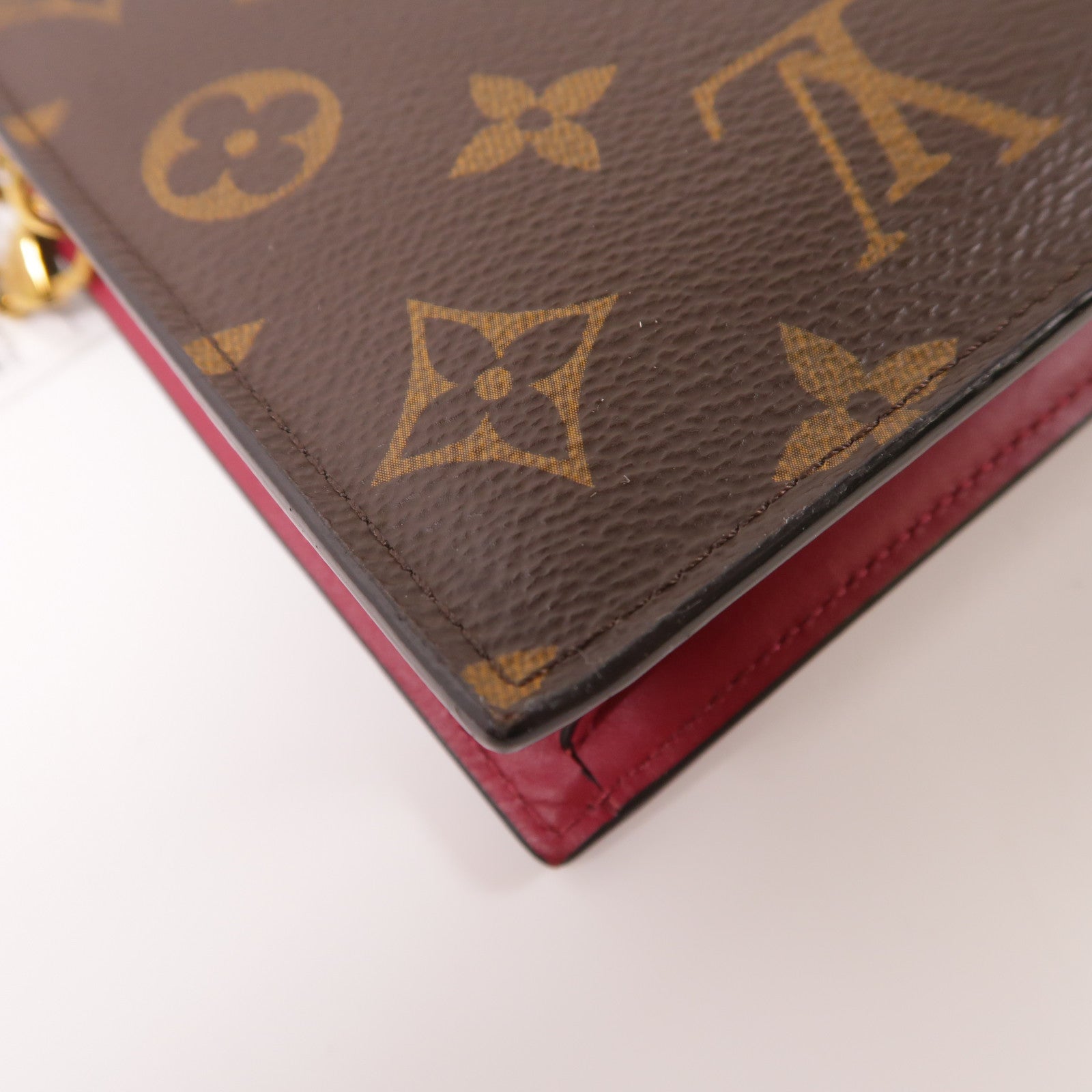 LOUIS VUITTON Monogram Portefeuille Flore金扣鏈帶肩背袋棕色/紅色