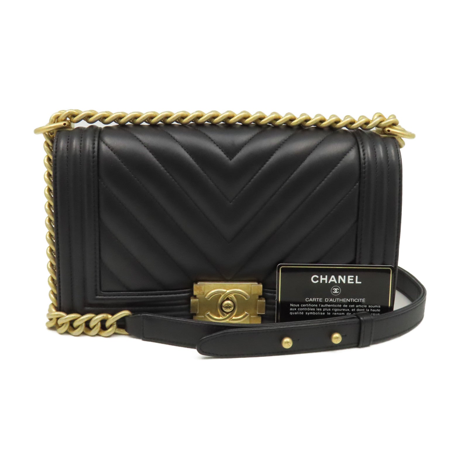 CHANEL 【激減優惠】斜紋羊皮皮革Boy Chanel 25cmShoulder Bag金扣鏈帶肩背袋黑色