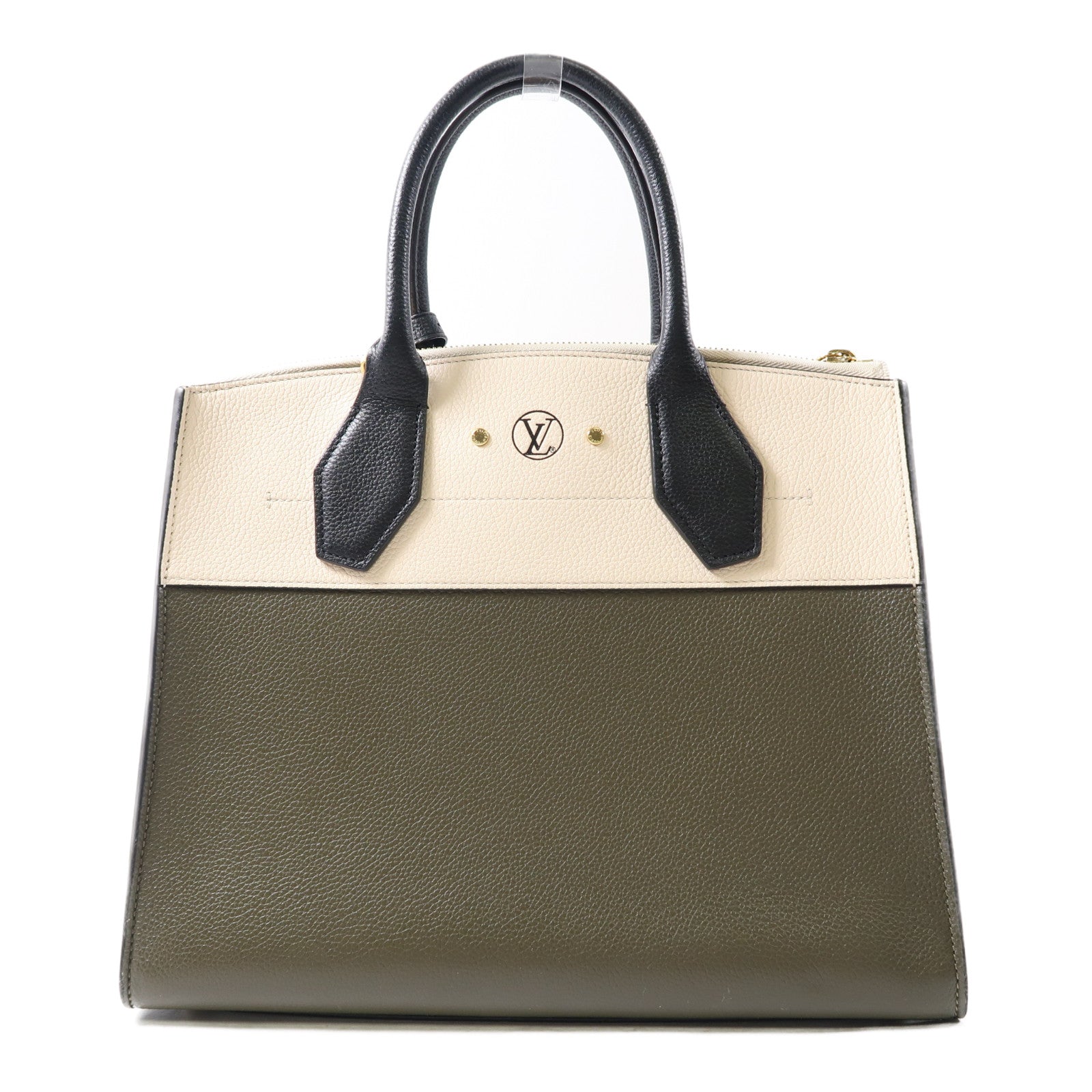 LOUIS VUITTON 牛皮皮革City Steamer金扣手挽肩背兩用袋綠色/米色/黑色