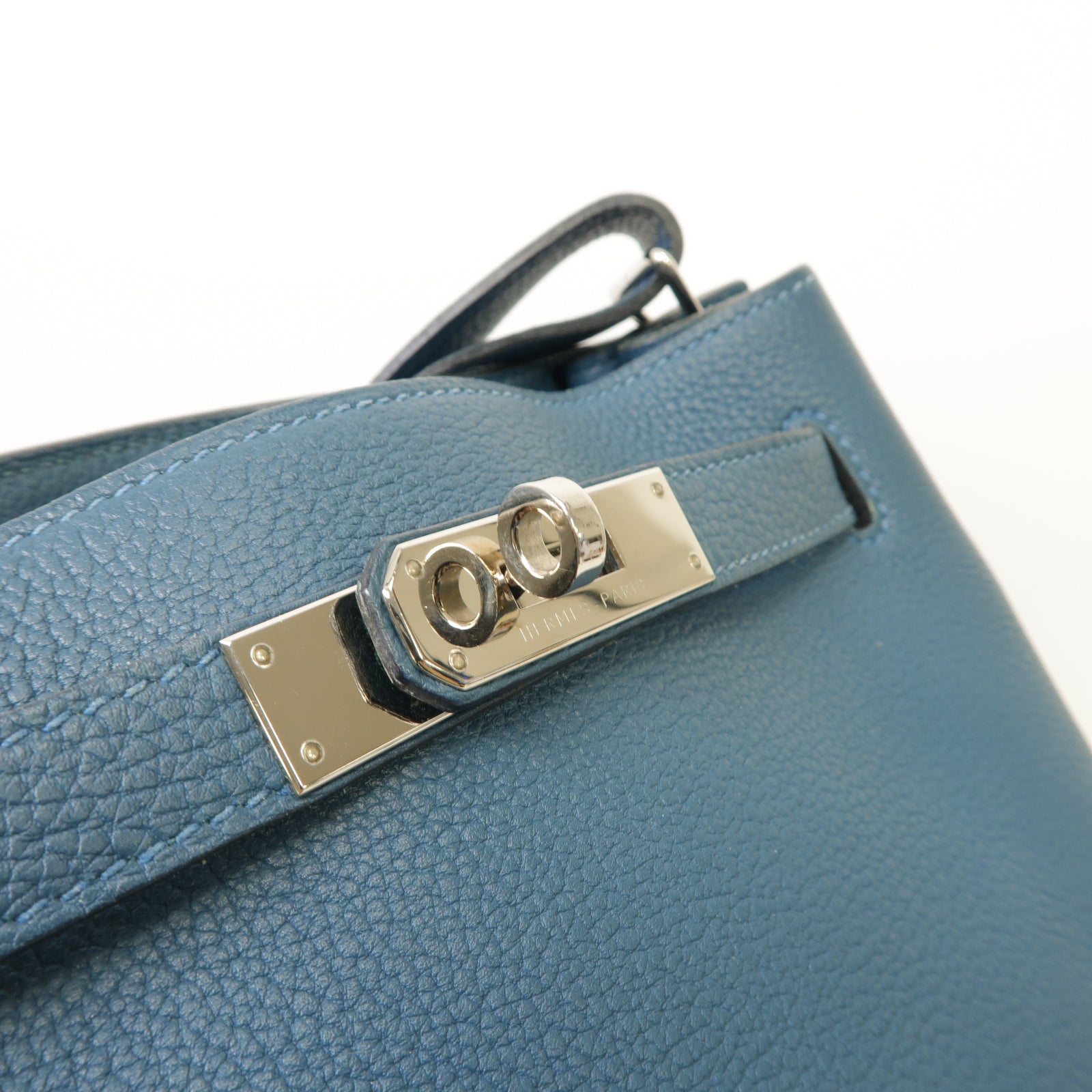 HERMES Clemence皮革So Kelly 20銀扣肩背袋Colvert藍色