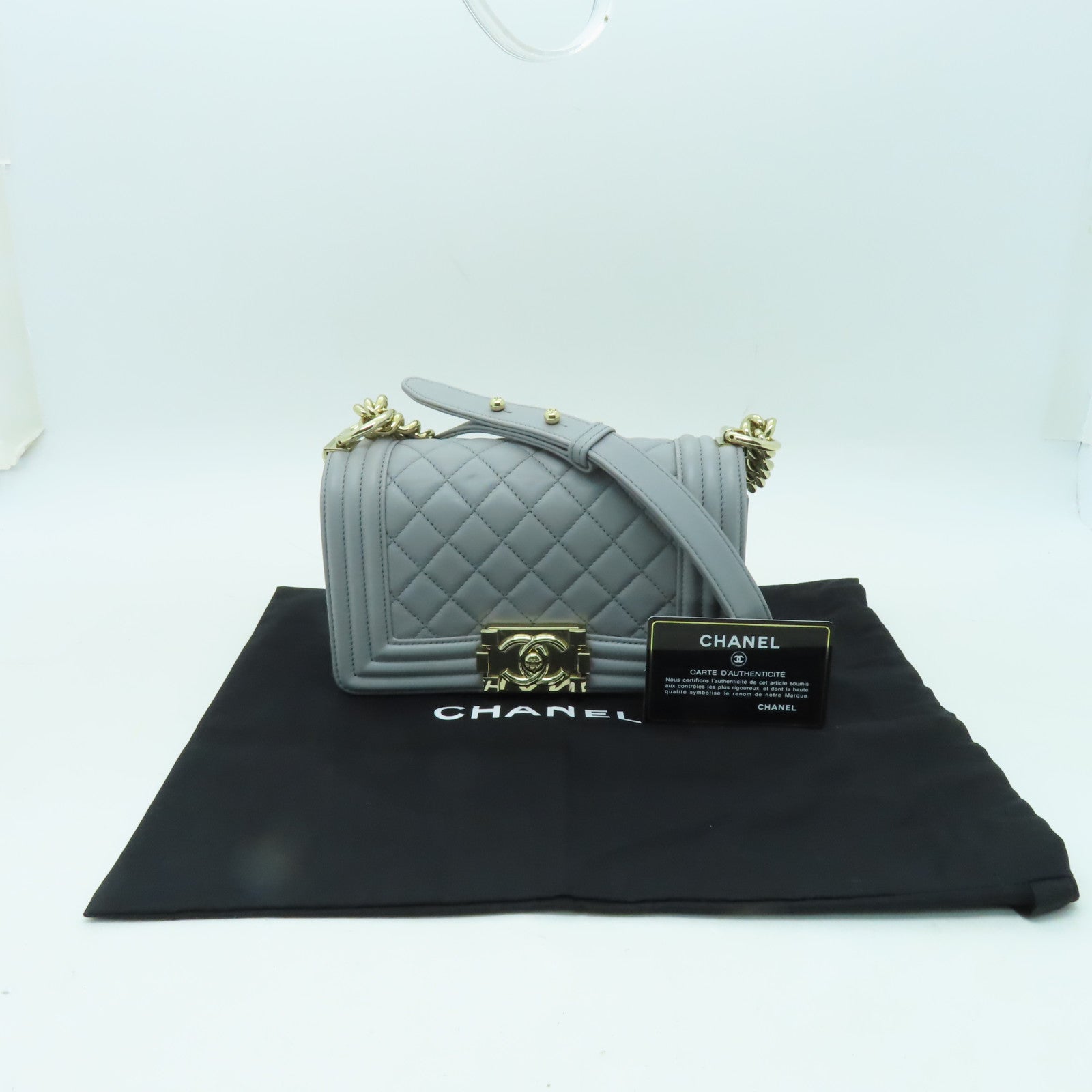 CHANEL 【激減優惠】菱格牛皮皮革Boy Chanel金扣鏈帶肩背袋灰色