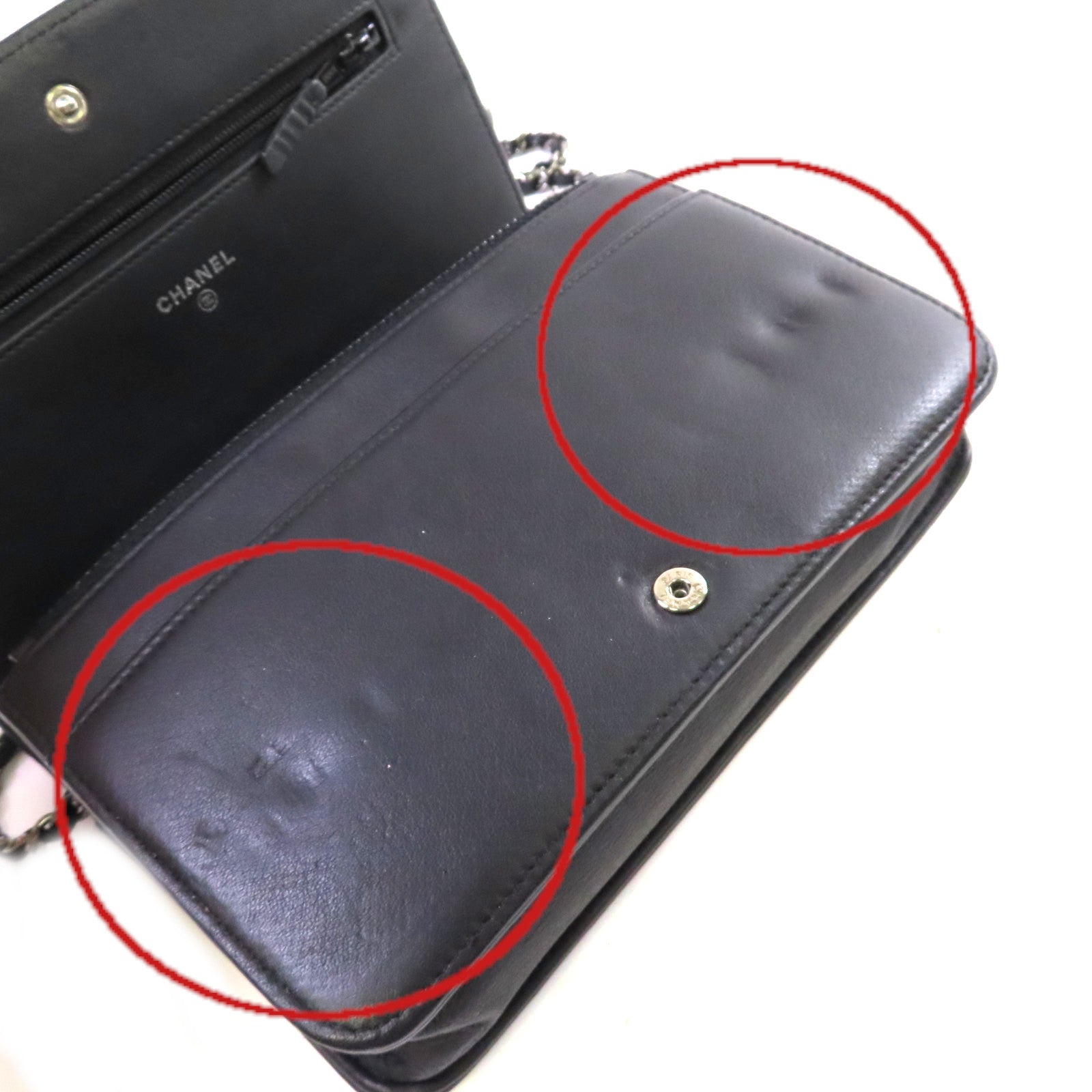 CHANEL 牛皮皮革WOC Wallet On Chain Shoulder Bag銀扣鏈帶肩背袋黑色/深藍色